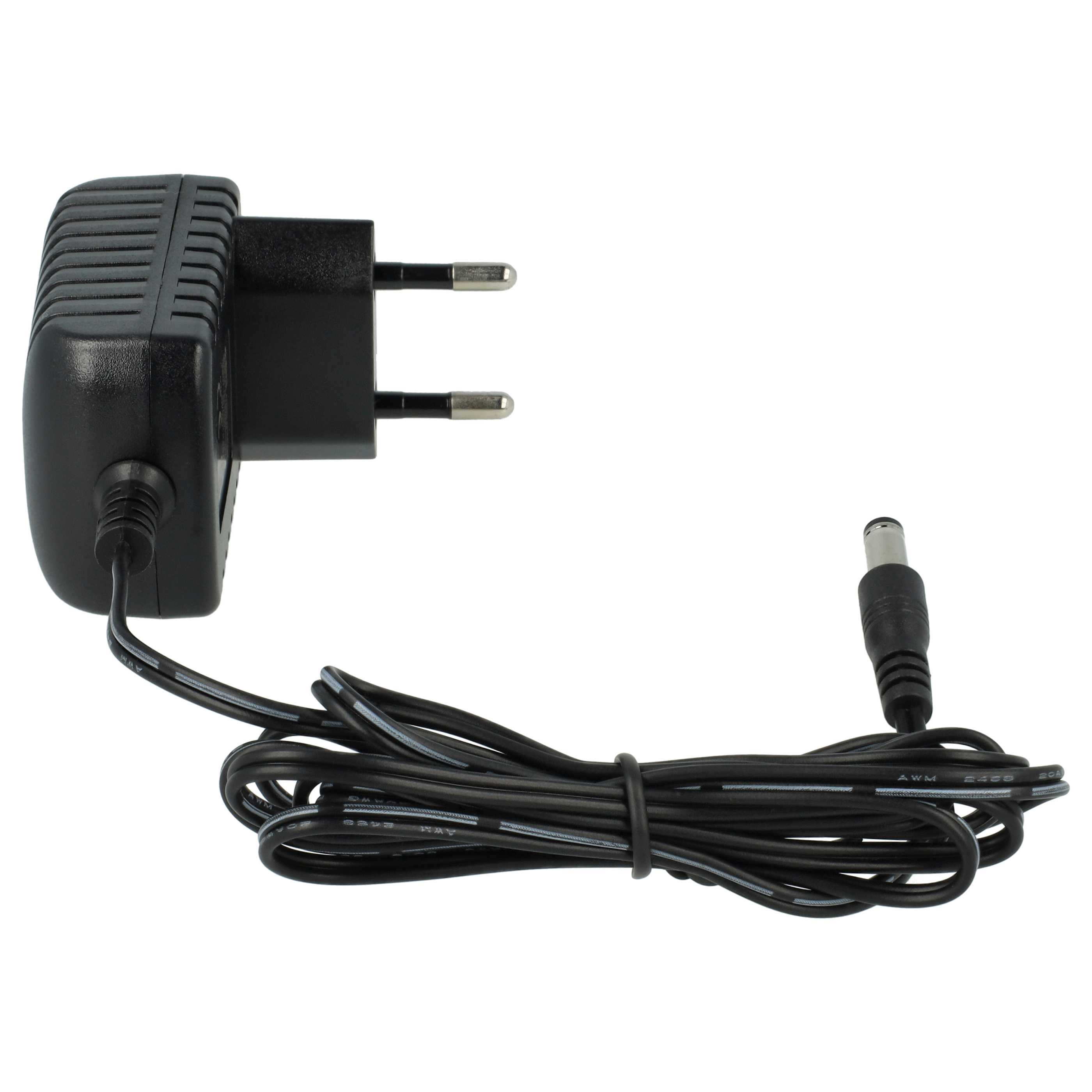 Schwarzes Netzteil mit Zweipolstecker und DC-Anschluss. Schwarzes Kabel ist aufgerollt.