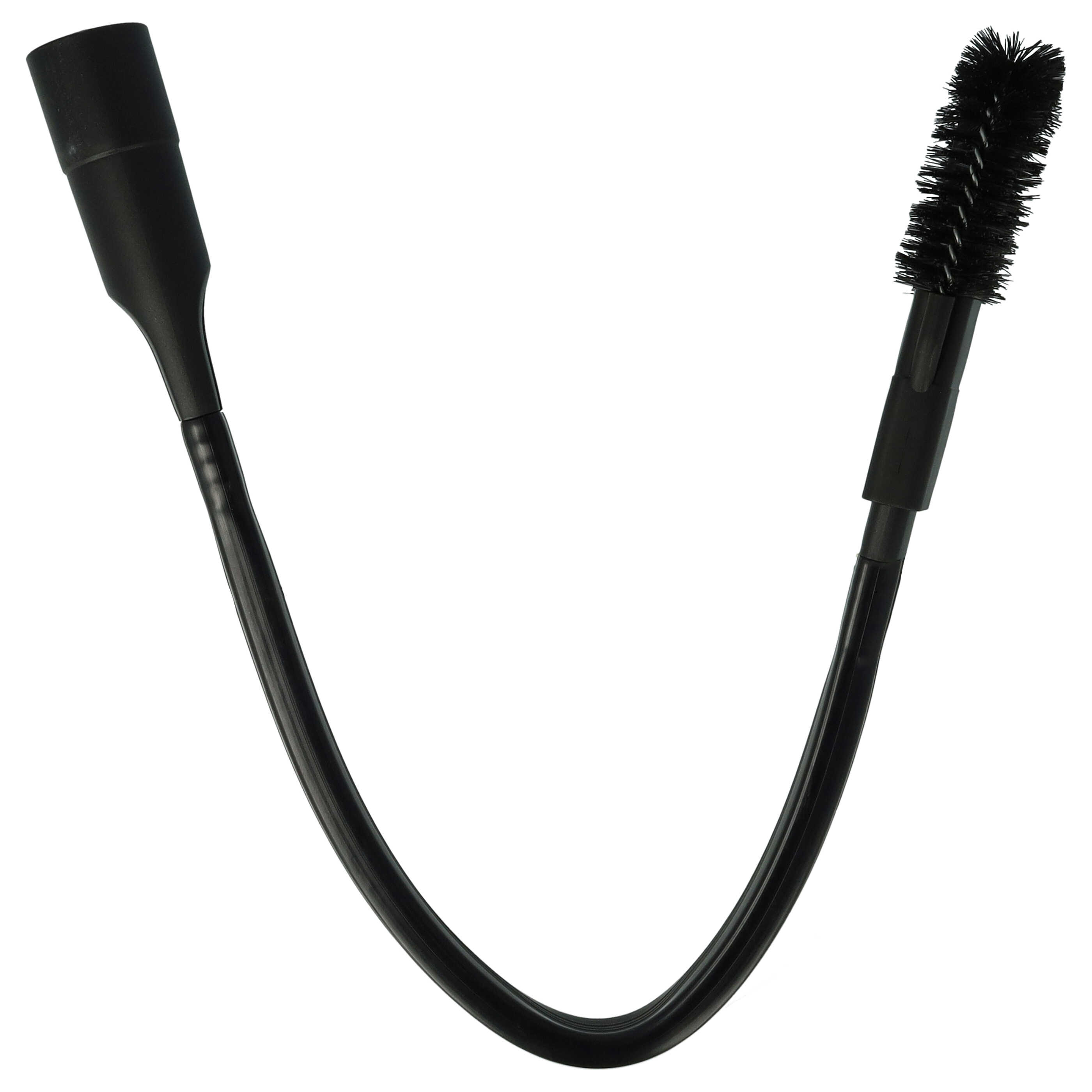 Eine schwarze, flexible Bürste. Ein Ende ist eine Düse, das andere ein Bürstenkopf. Weißer Hintergrund.
