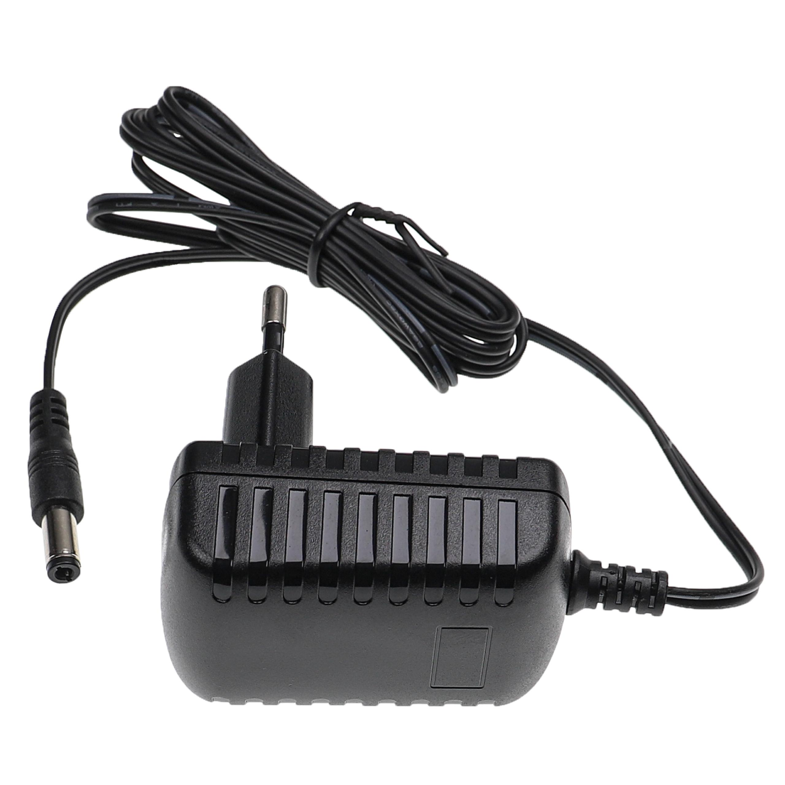 Schwarzes Netzteil mit schwarzem Kabel. Es hat einen Stecker und einen DC-Anschluss.