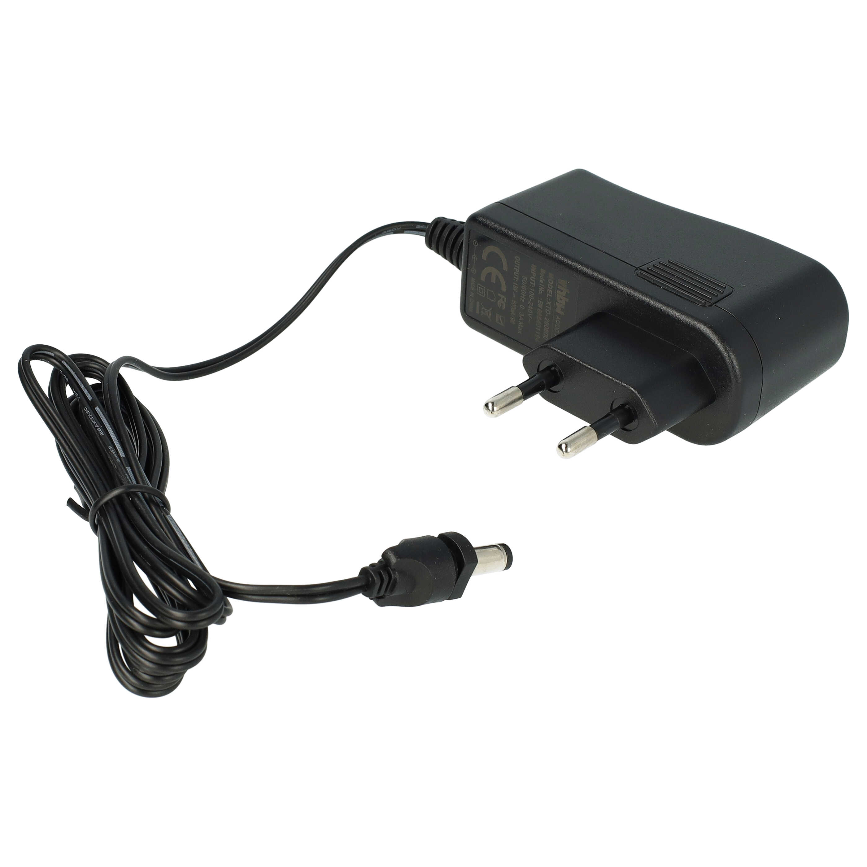 Schwarzes Netzteil mit Zweipol-Stecker und schwarzem Kabel. Das Kabel verbindet sich mit einem DC-Anschluss.