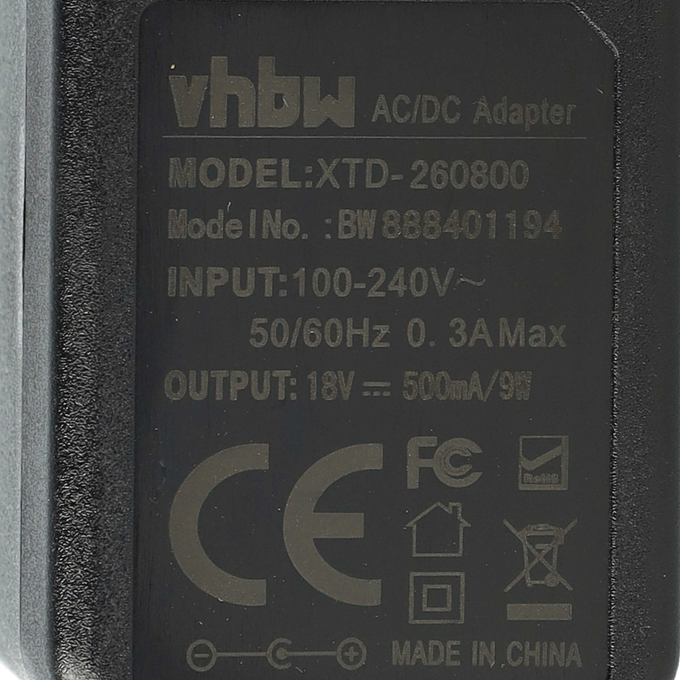 Schwarzer AC/DC-Adapter mit weißem Text. Er zeigt Modell, Eingangs-/Ausgangsspannung und Sicherheitssymbole.