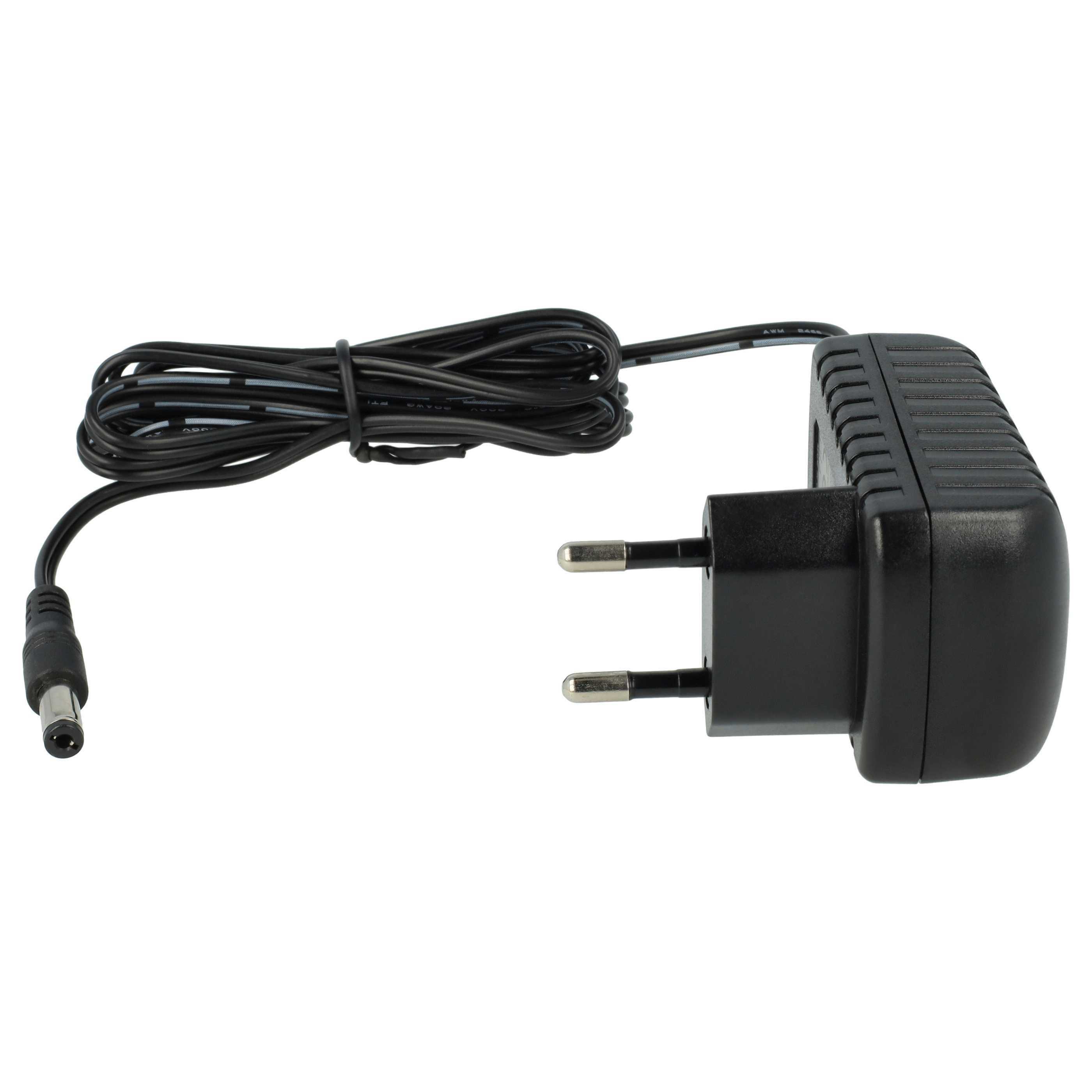 Schwarzes Netzteil mit Kabel und DC-Anschluss, vor weißem Hintergrund.