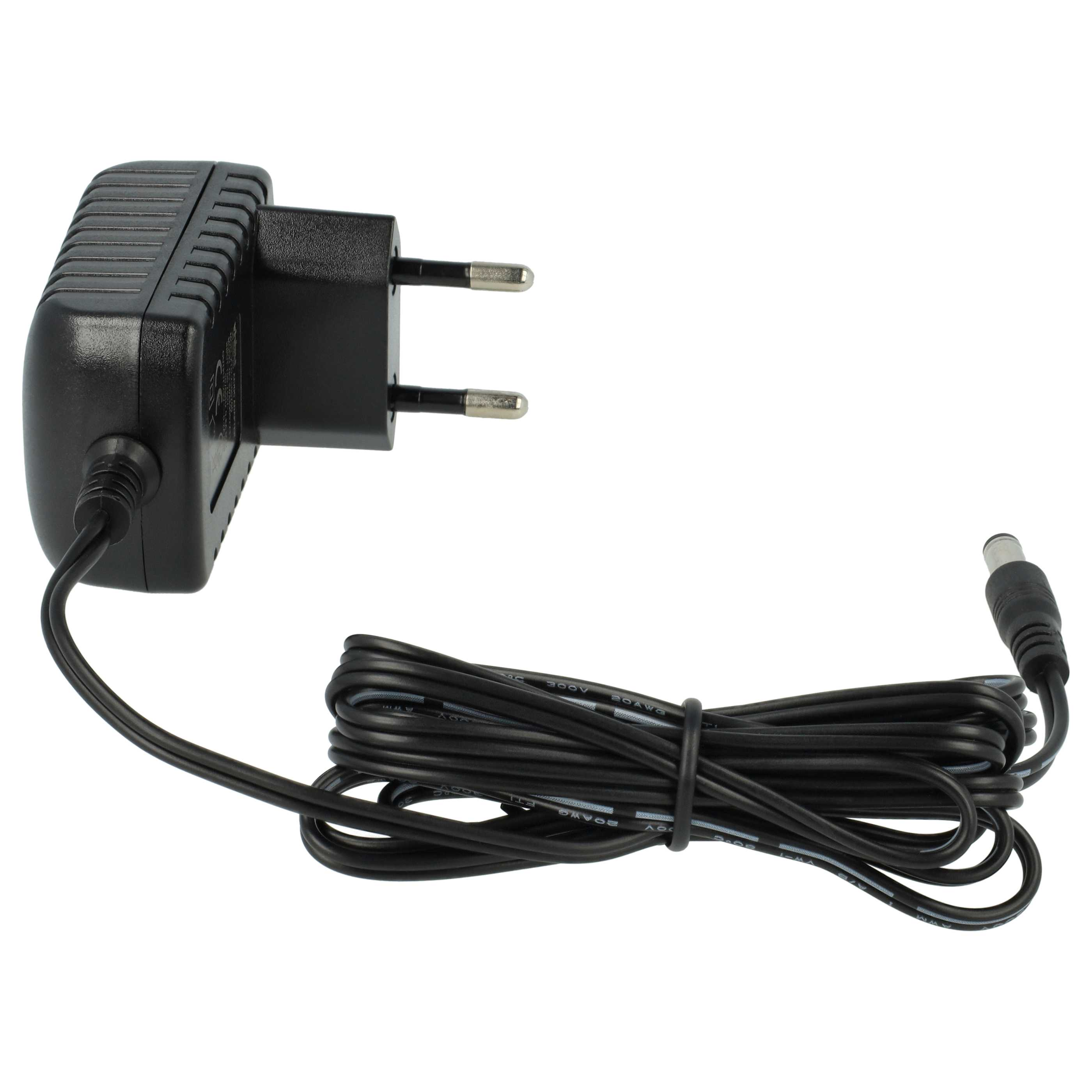 Ein schwarzes Netzteil mit Stecker und schwarzem Kabel auf weißem Hintergrund.