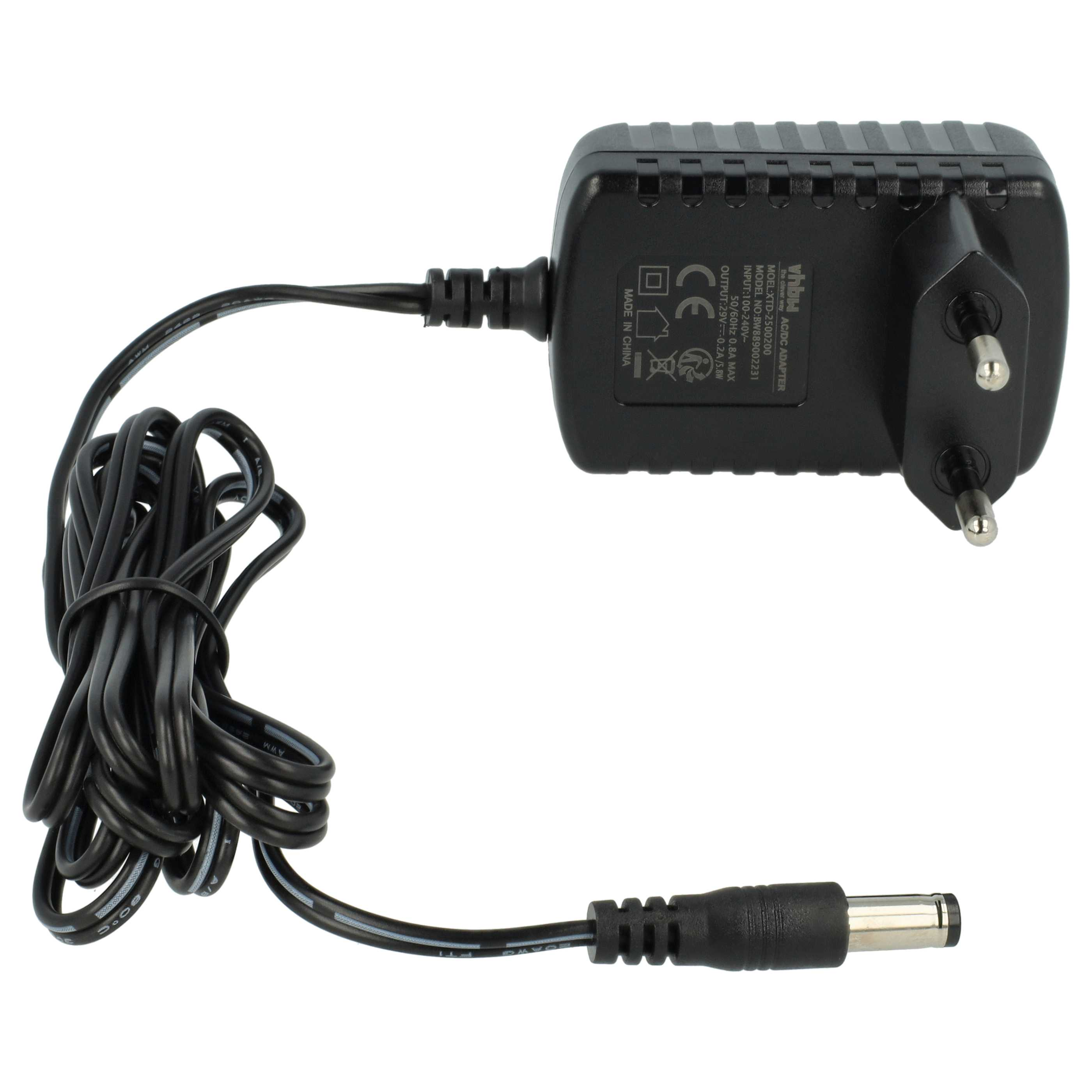 Schwarzes AC/DC-Netzteil mit Kabel und Stecker. Enthält einen DC-Anschluss. Der Adapter ist beschriftet.