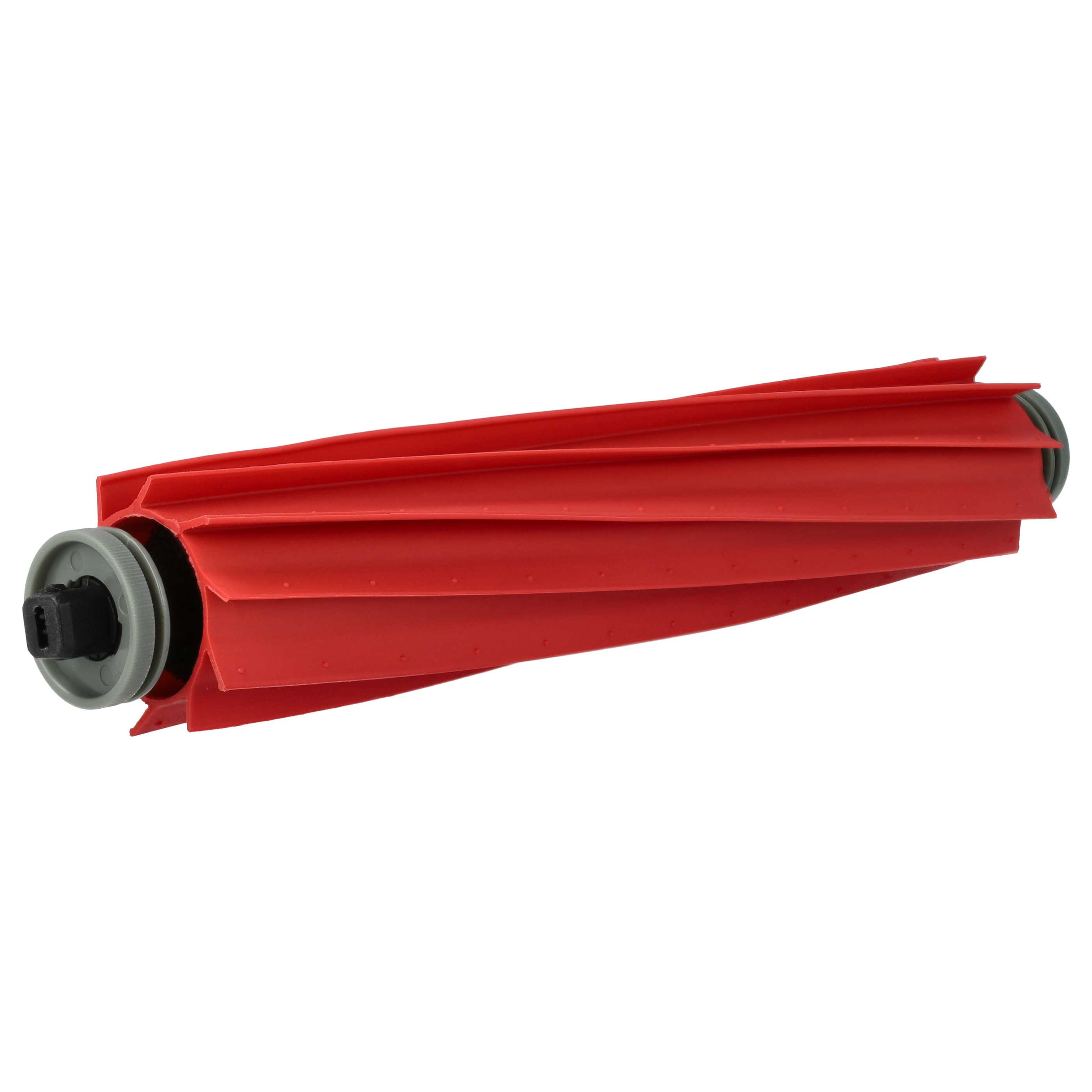 Eine rote Staubsaugerwalzenbürste. Sie hat ein geriffeltes Design mit grauen Endstücken und einer schwarzen Mitte.