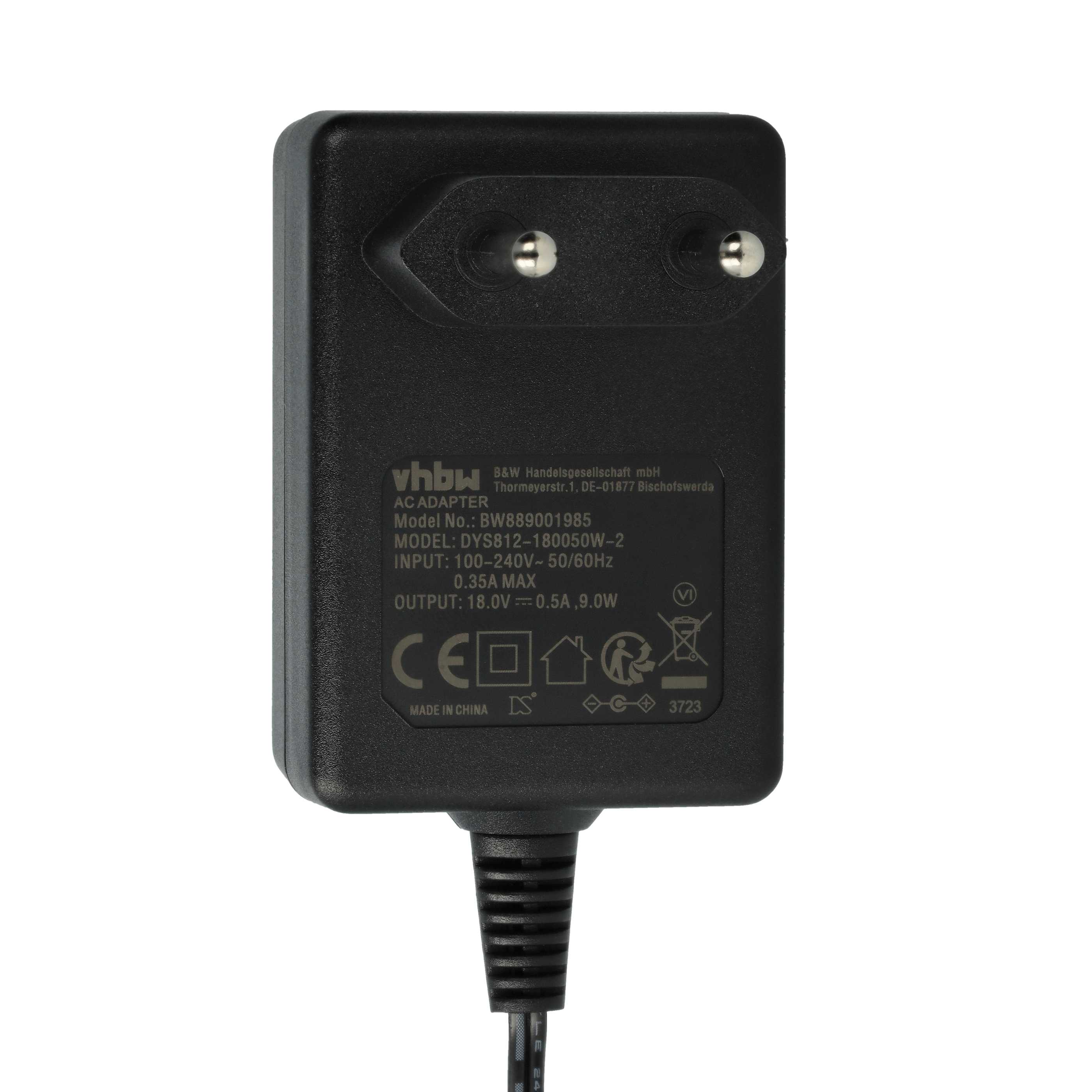 Schwarzer AC-Adapter mit Stecker und Textdetails. Der Adapter wird in China hergestellt.