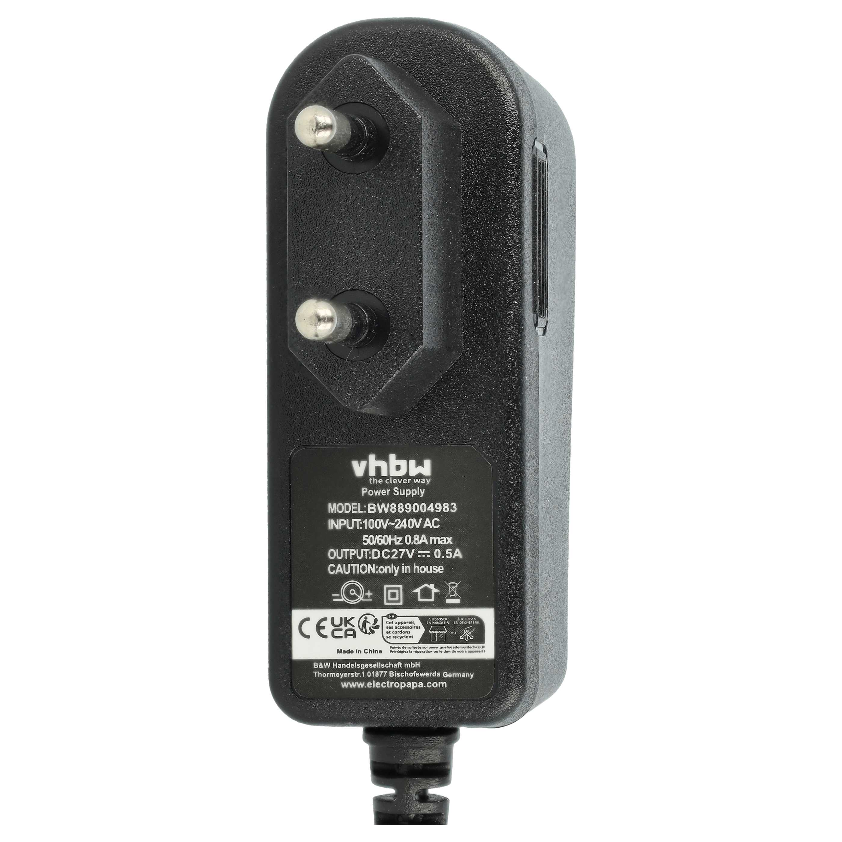 Schwarzes Netzteil mit zwei Stiften. Es hat ein Etikett mit technischen Daten und der Marke vhbw.