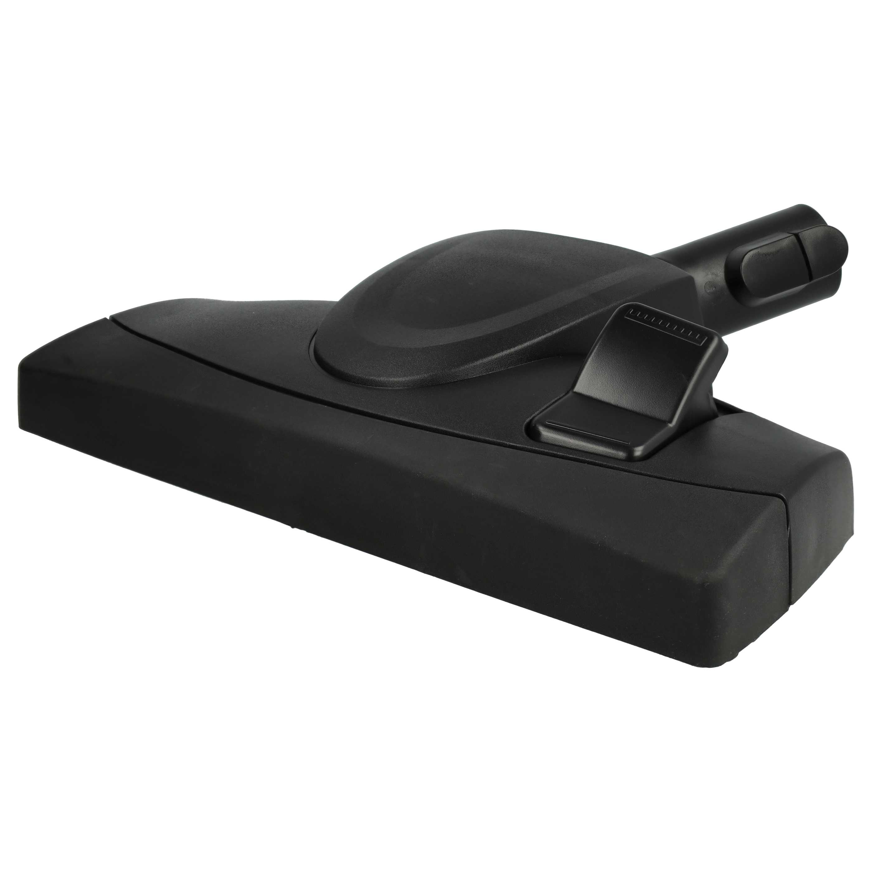 Ein schwarzer Staubsaugerkopf. Er hat eine rechteckige Basis, eine gewölbte Oberseite und einen Griff.