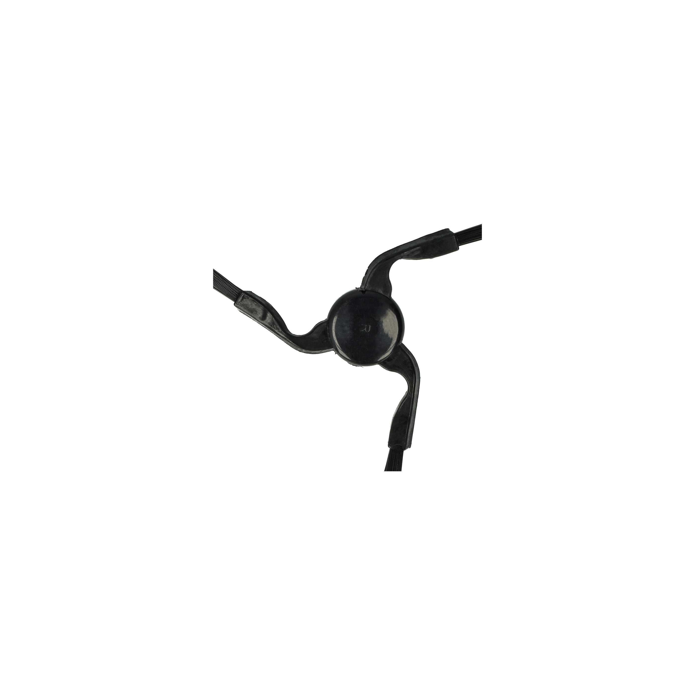Eine schwarze, dreizackige Bürste für einen Roboterstaubsauger, zentriert auf weißem Hintergrund.