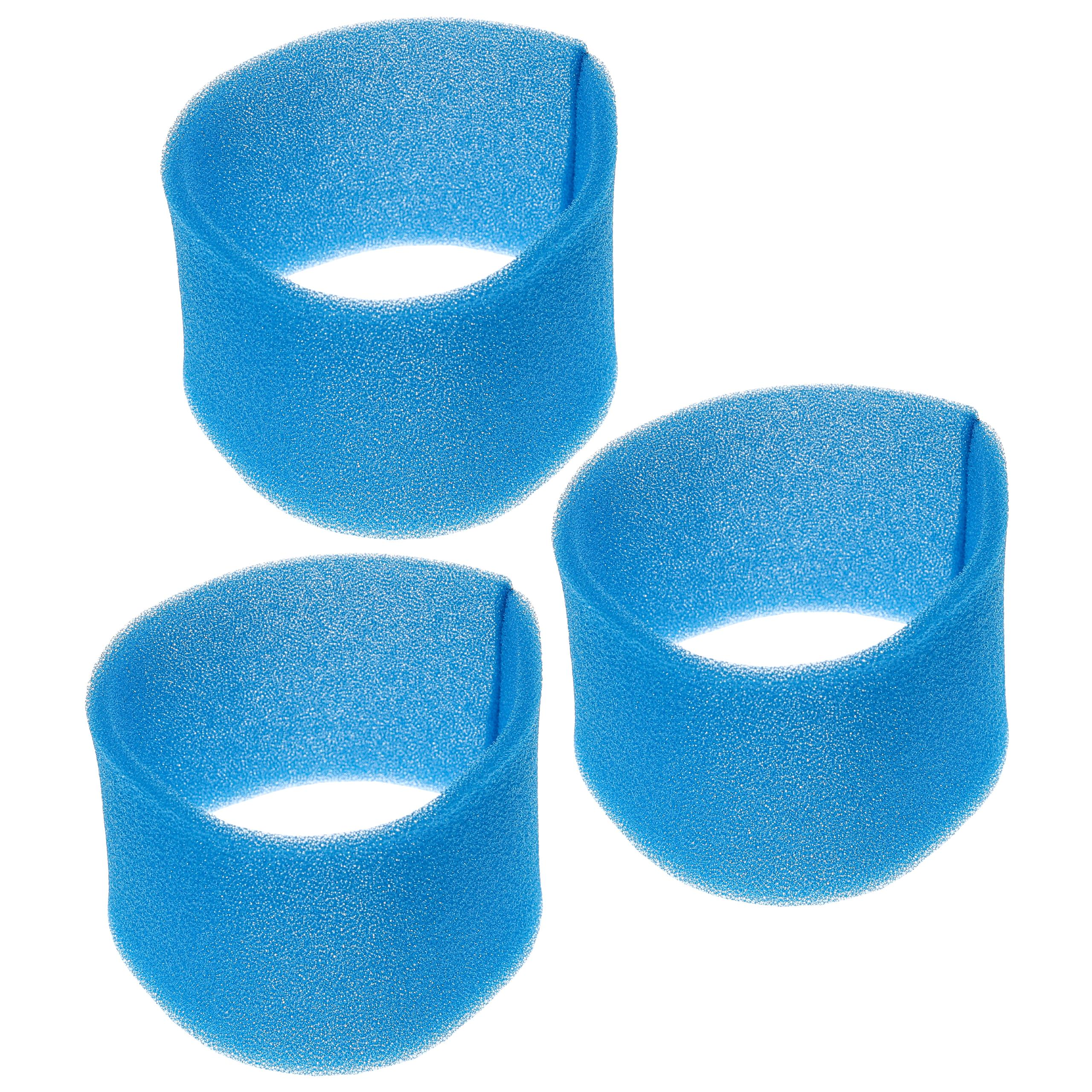 Drei blaue Schaumstoffringe auf weißem Hintergrund. Die Ringe haben eine strukturierte Oberfläche und sind gleichmäßig verteilt.