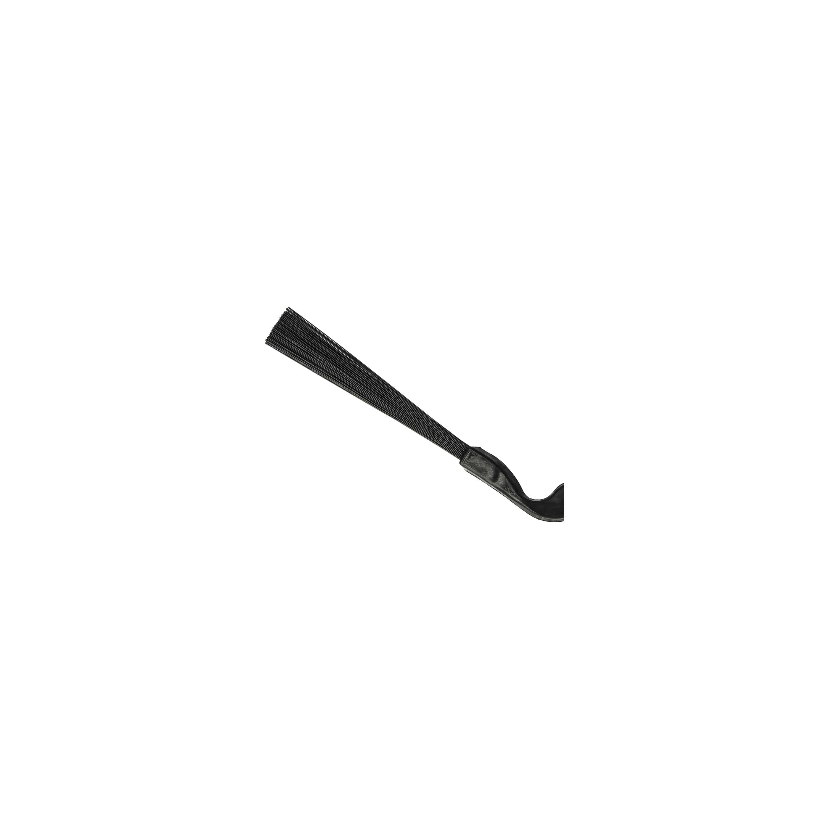 Eine schwarze Reitpeitsche mit Ledergriff und dünnen, flexiblen schwarzen Strängen am Ende, auf Weiß.