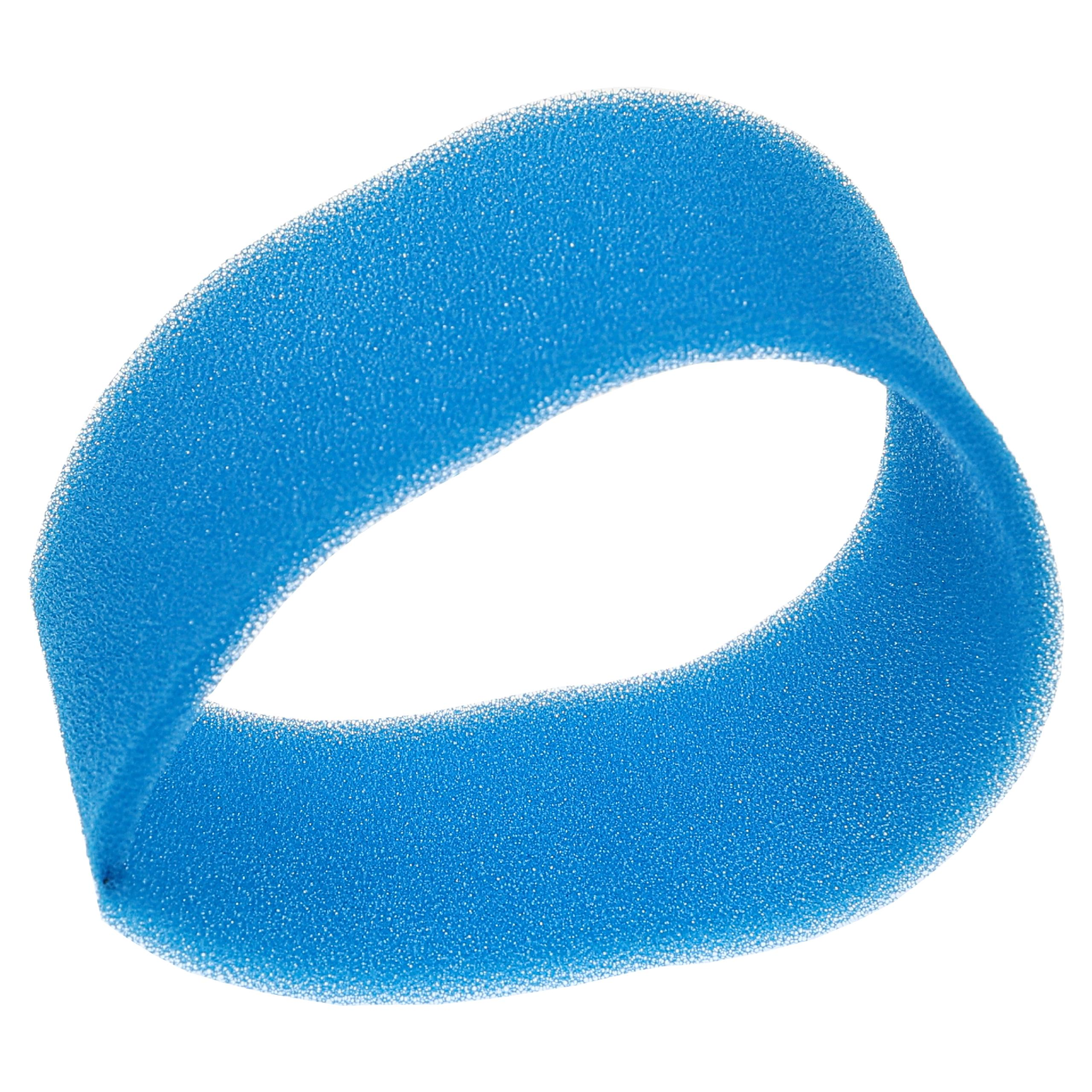 Ein blauer Schaumstoffring vor weißem Hintergrund. Der Schaumstoff hat eine strukturierte Oberfläche.