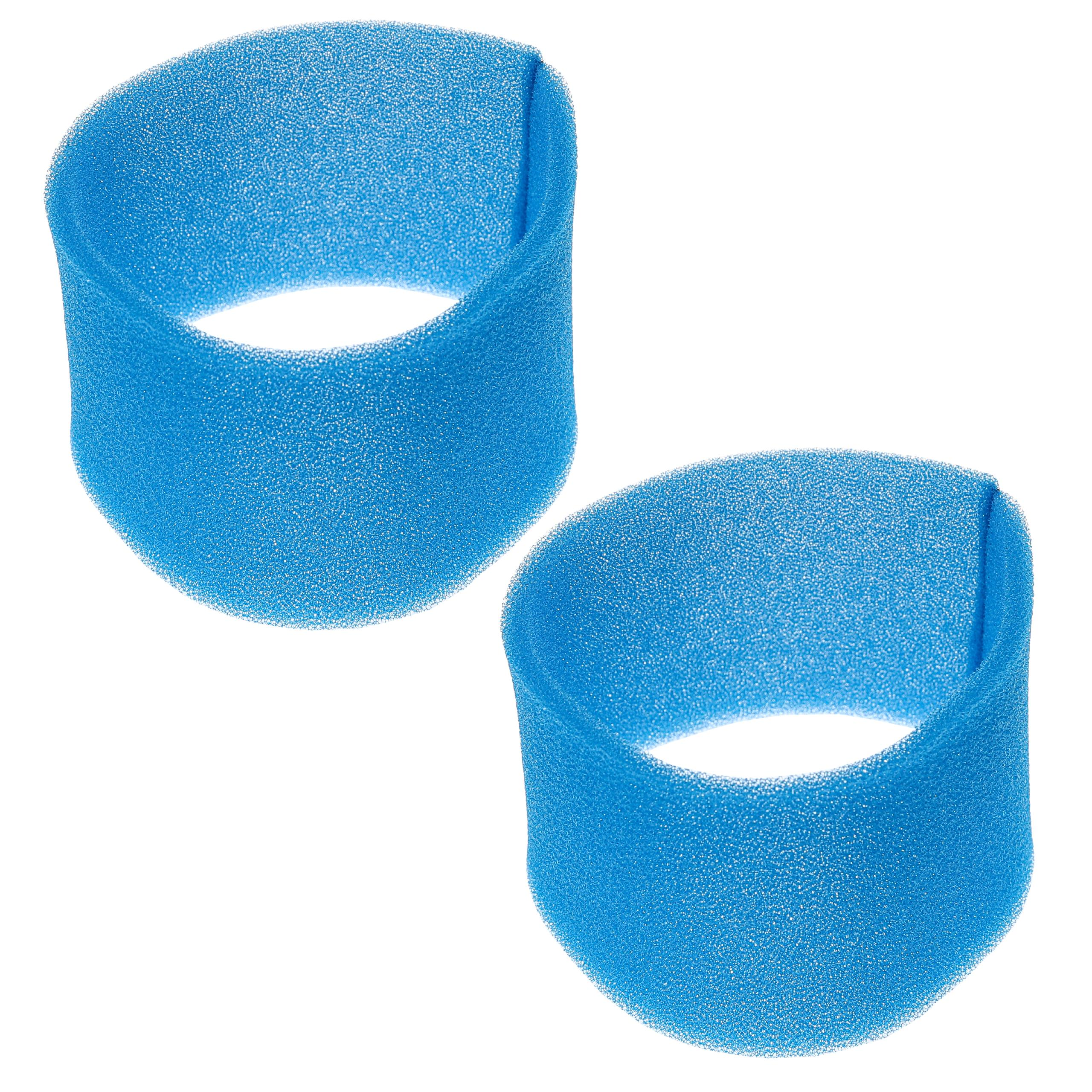 Zwei blaue, zylindrische Schaumstofffilter. Sie haben eine poröse Textur und sind vor weißem Hintergrund platziert.