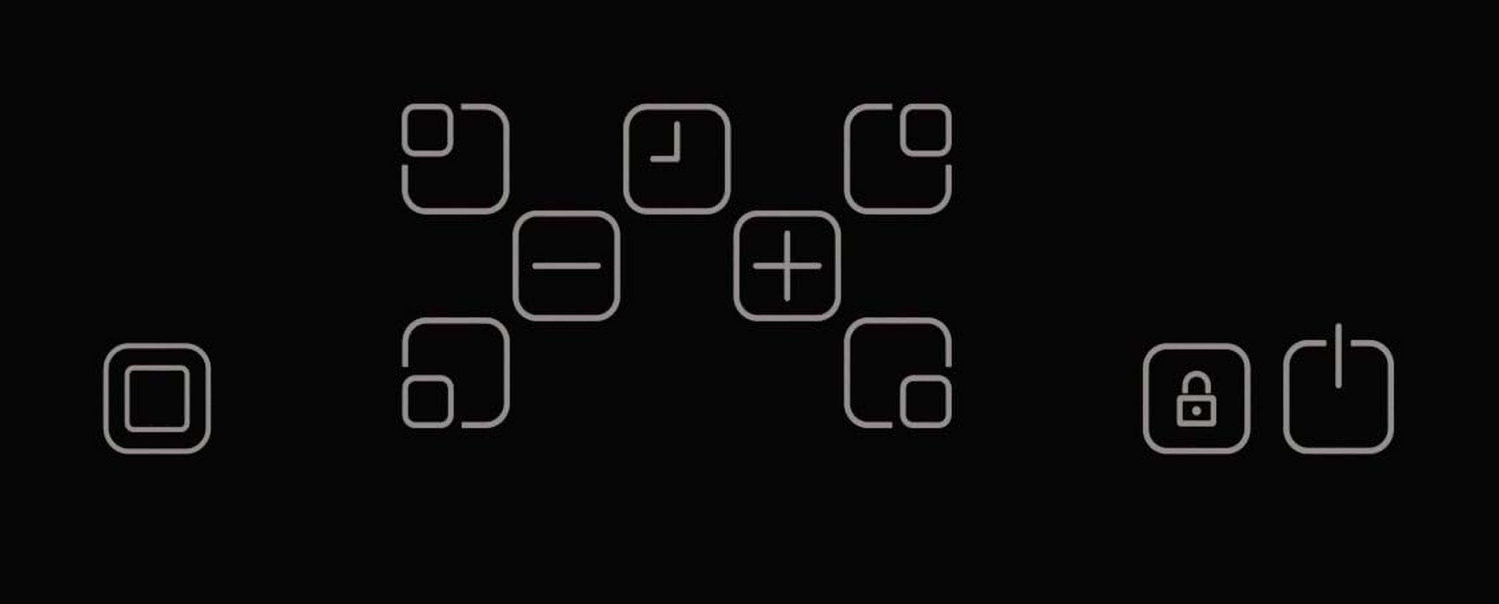 Schwarzer Bildschirm mit weißen Symbolen: Quadrat, Uhr, Minus, Plus und Schloss. Ein/Aus-Symbol rechts.