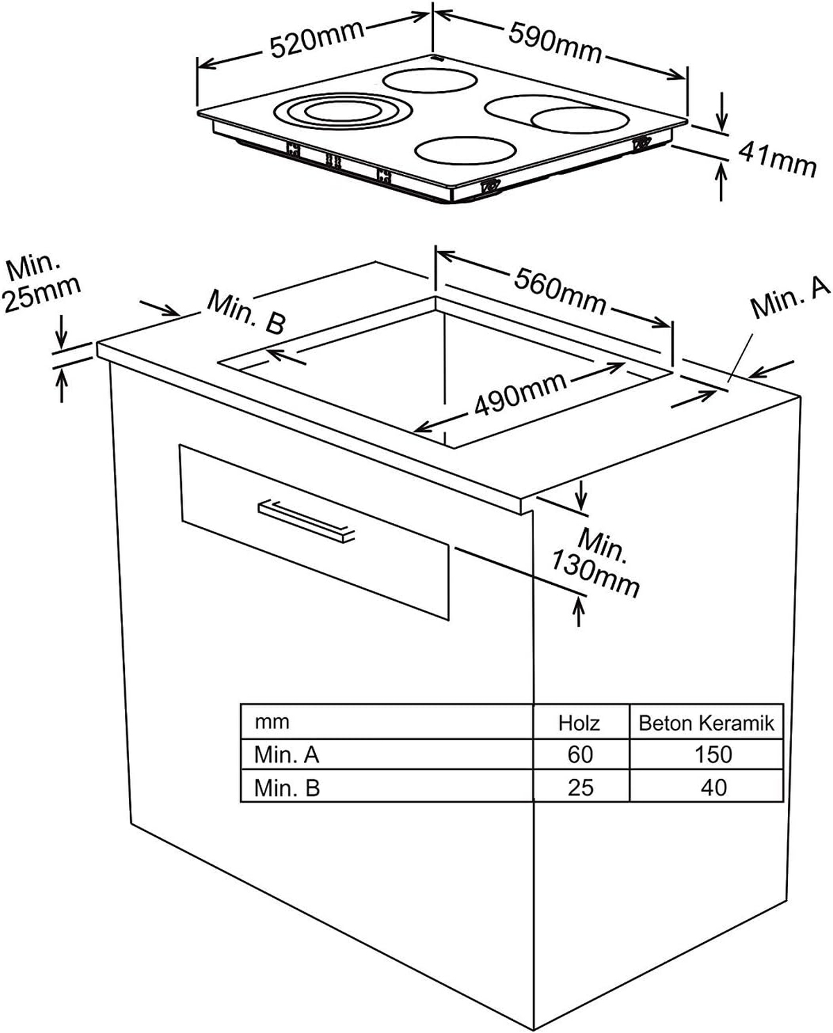 Diagramm eines Kochfelds und eines Schranks mit Abmessungen und einer Tabelle mit Mindestmaßen für Holz und Keramik.