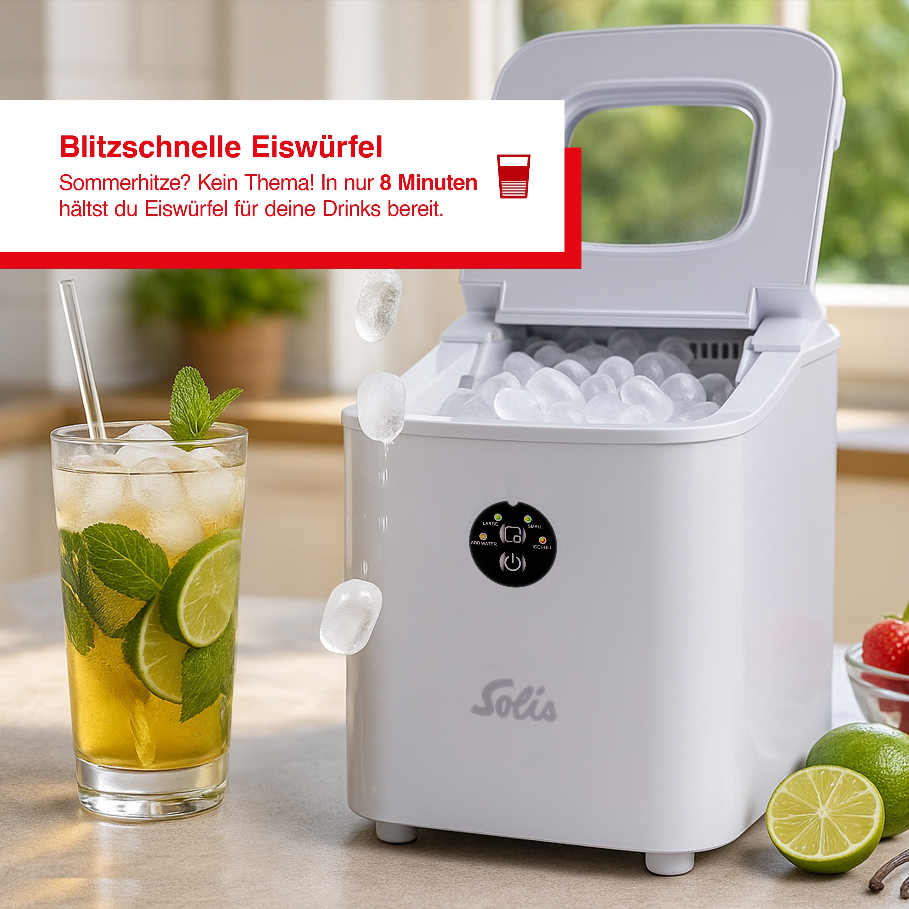 Eine Eismaschine mit fallenden Eiswürfeln, einem Cocktail und Obst. Text: 'Schnelle Eiswürfel in 8 Minuten'.