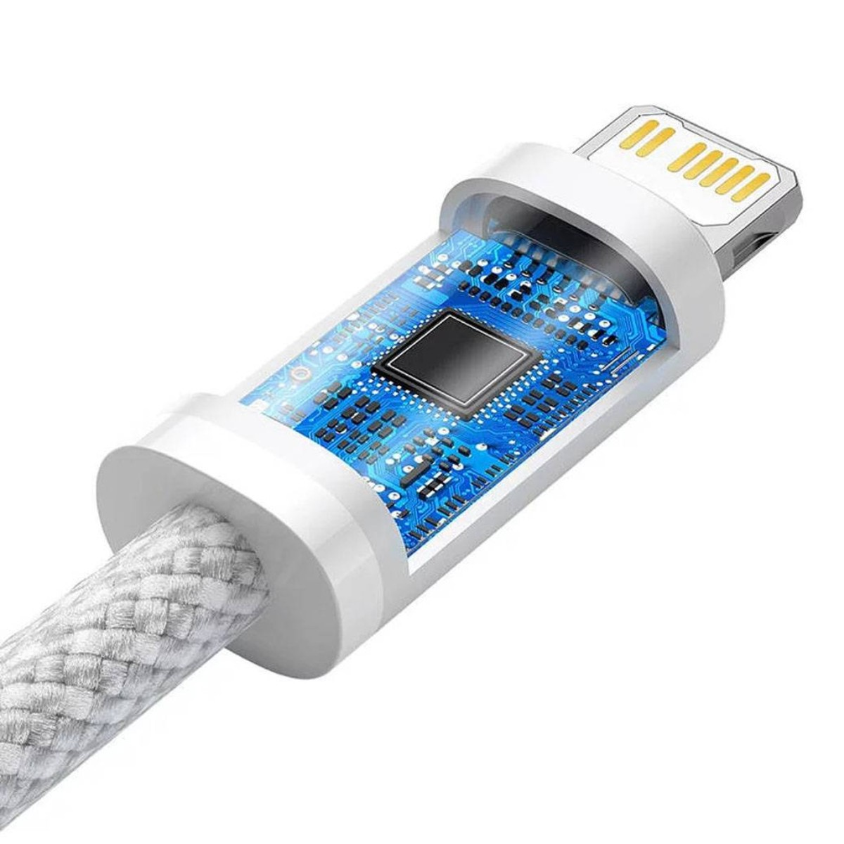 Un cavo Lightning bianco con cavo intrecciato. Il connettore mostra un circuito stampato blu e un'estremità di ricarica metallica.