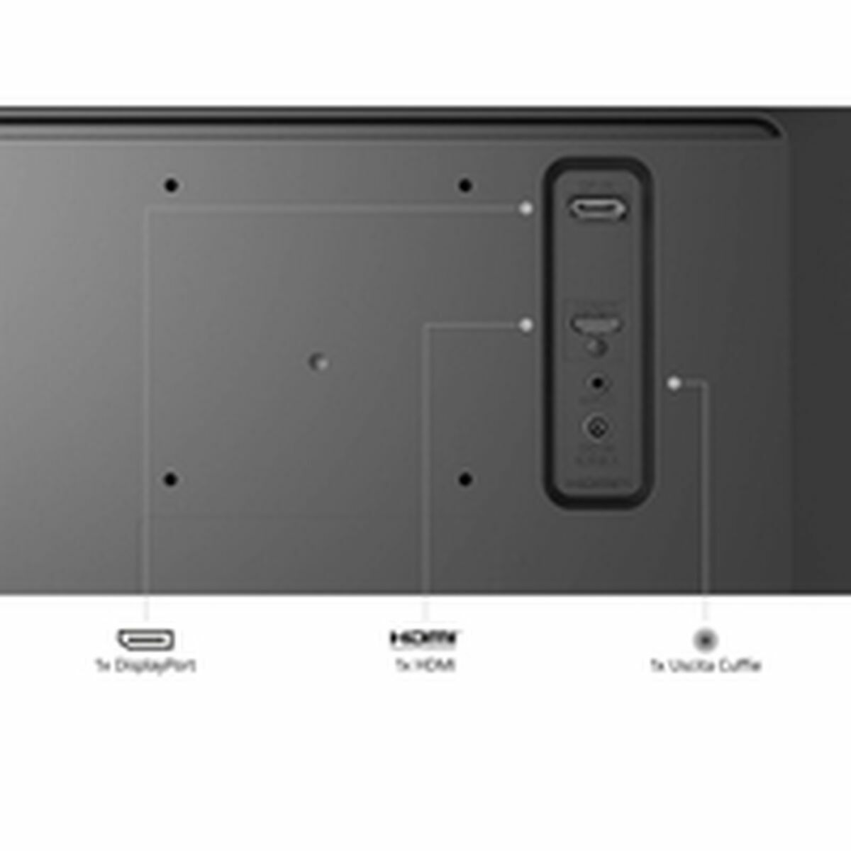 Panel tylny urządzenia z portami: DisplayPort, HDMI i USB-C. Szare tło z etykietami.