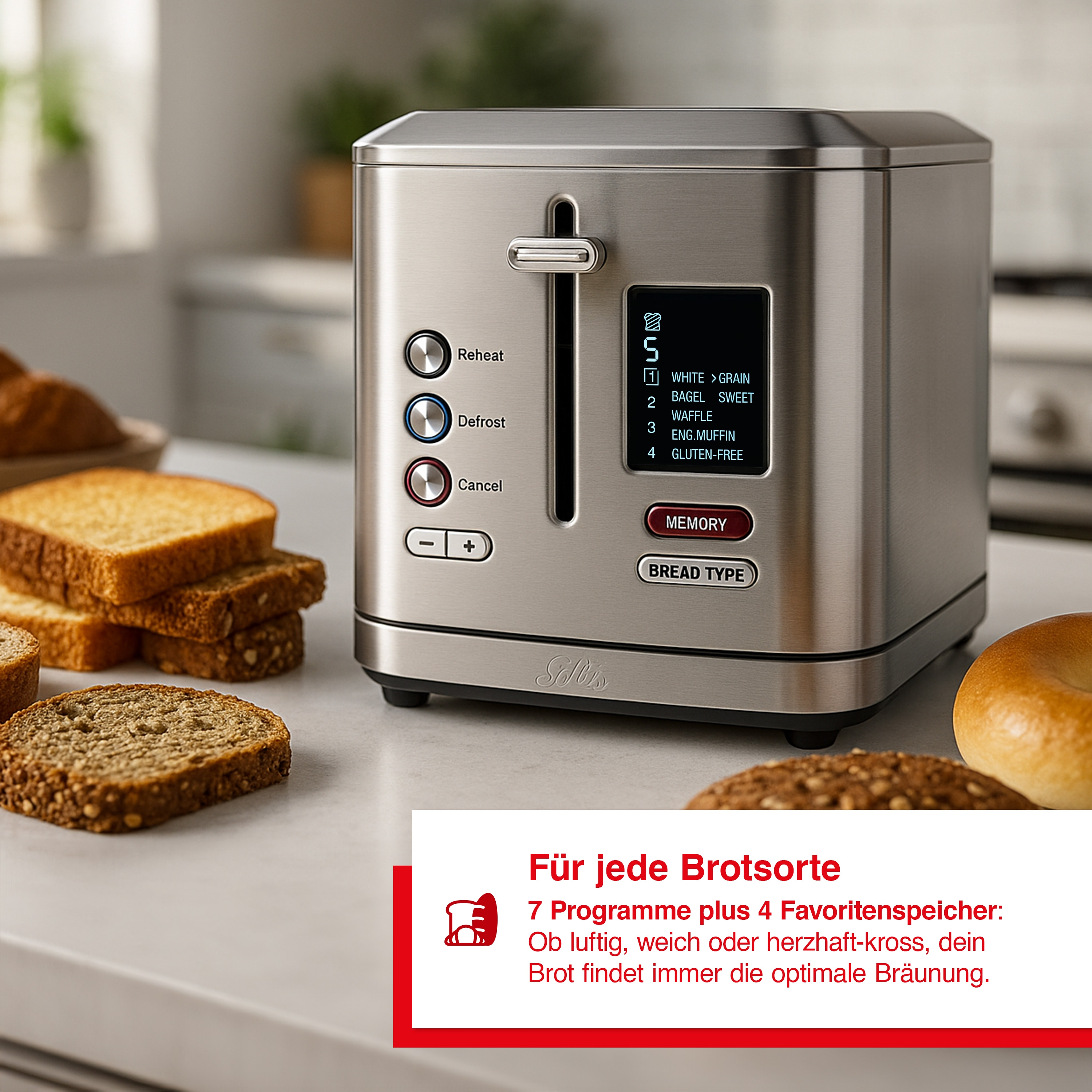 Ein Edelstahl-Toaster mit Brotscheiben und Bagel auf einer Küchentheke, mit Bedienelementen.