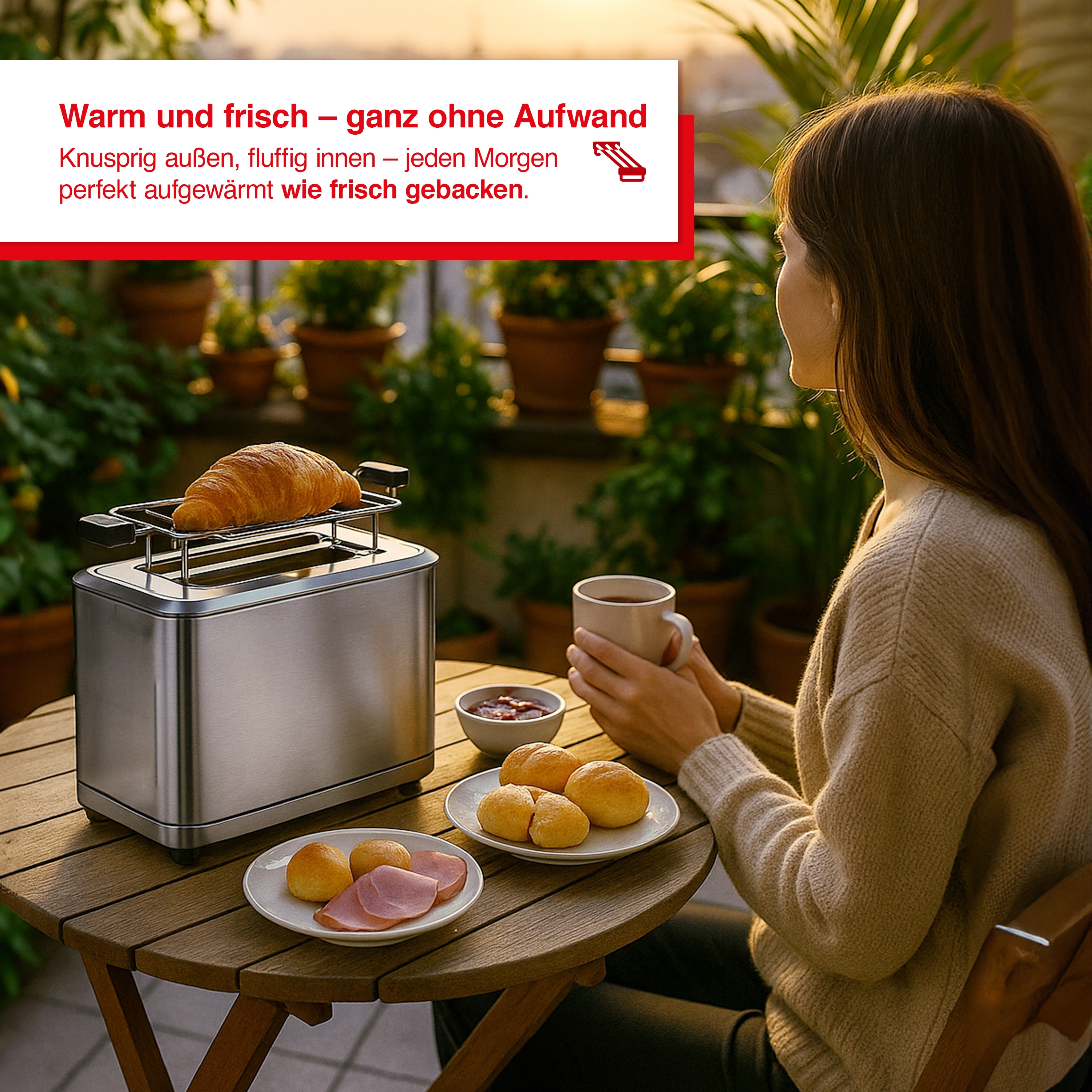 Eine Frau am Tisch mit Frühstück, einem Toaster und einem Croissant. Der Hintergrund umfasst Pflanzen und einen Sonnenuntergang.