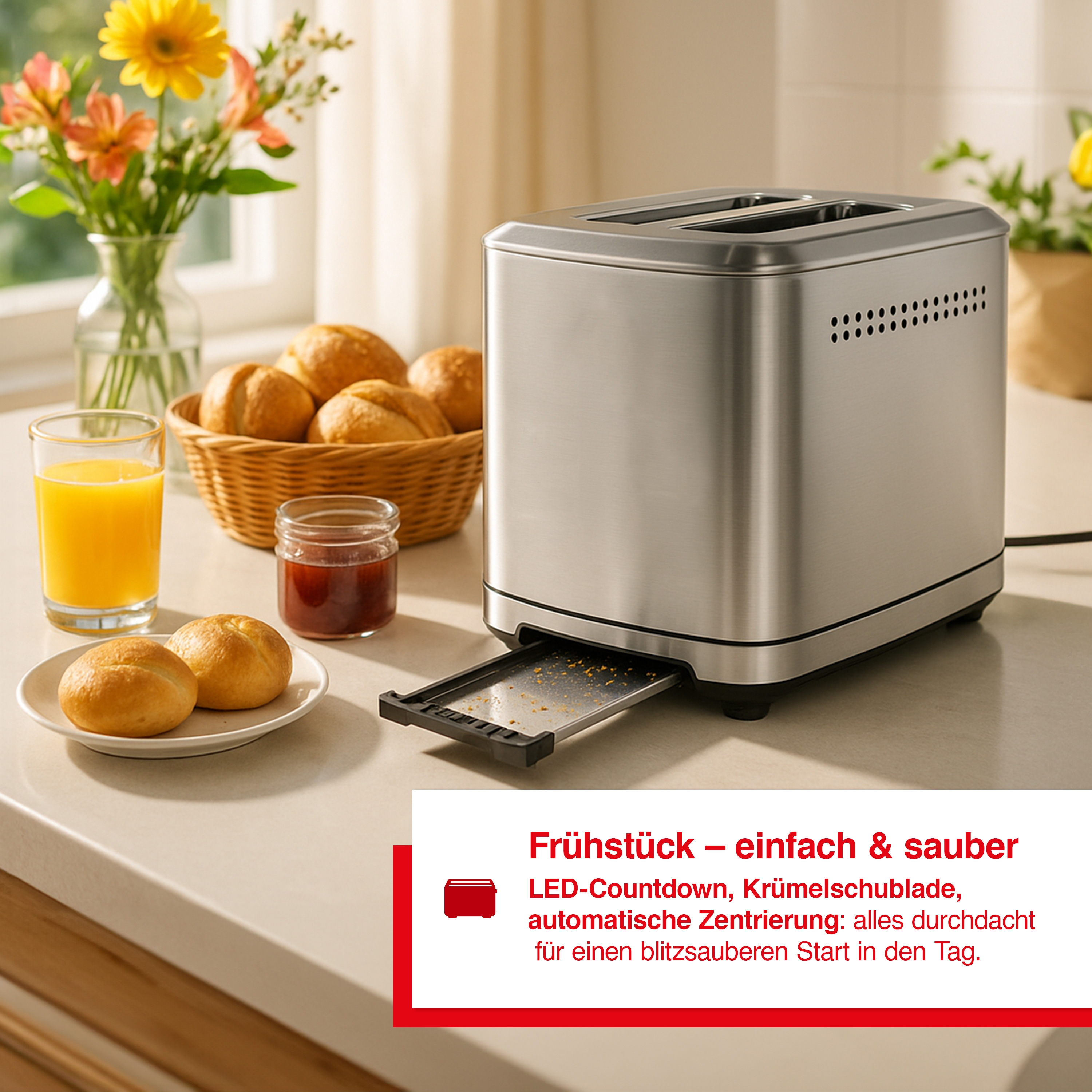 Ein Edelstahl-Toaster, Frühstücksartikel, Orangensaft und Blumen stehen auf einer weißen Arbeitsplatte.