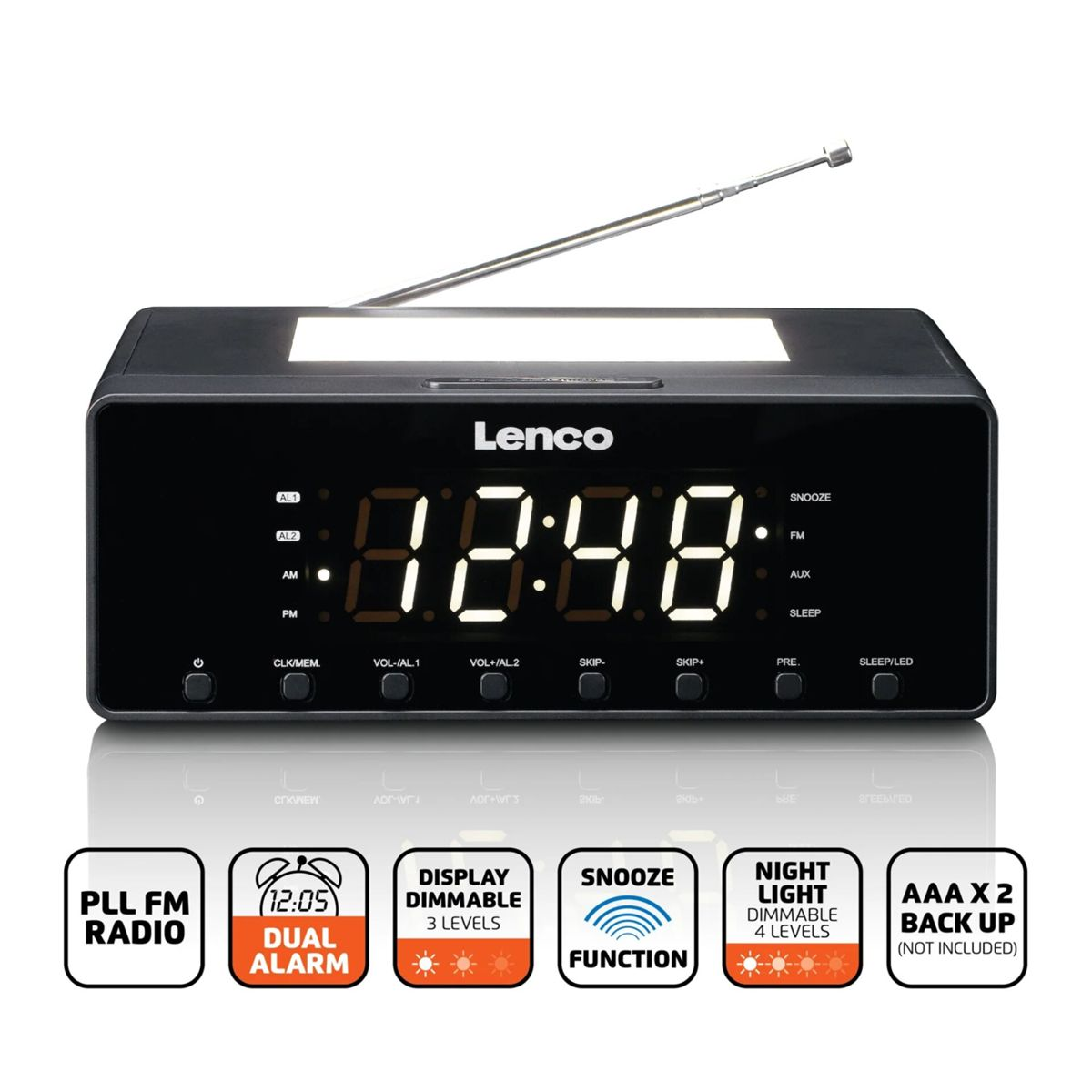 Réveil numérique Lenco noir avec chiffres blancs affichant 12:48. Fonctions : radio FM, double alarme, snooze et écran dimmable.