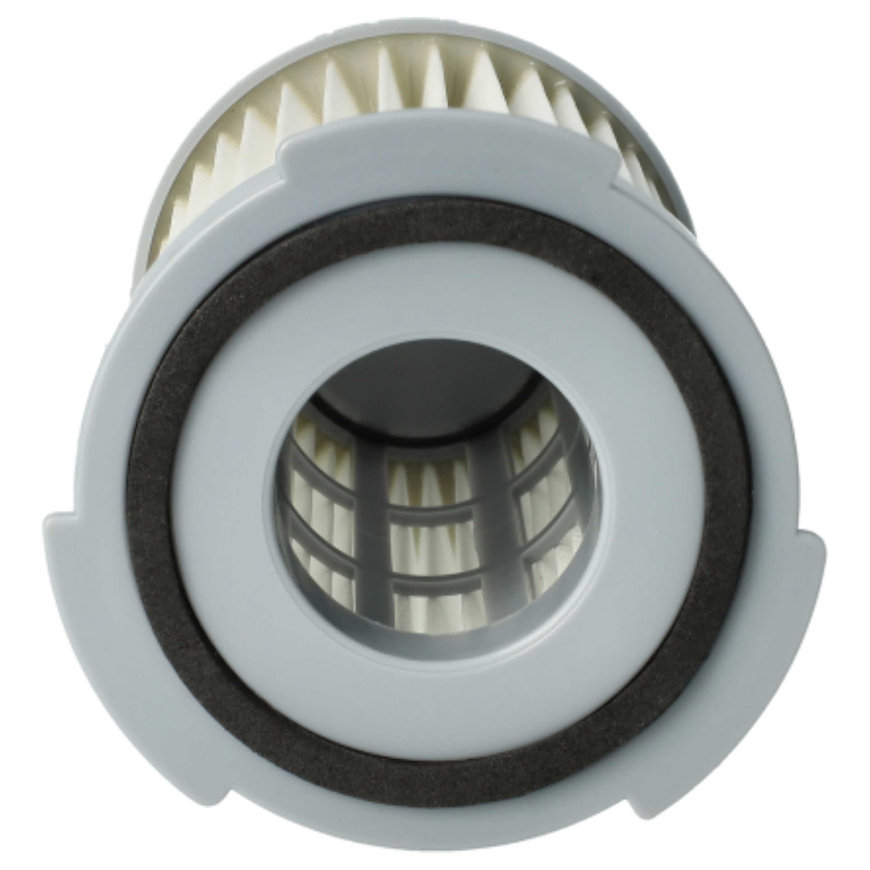Nahaufnahme eines Staubsaugerfilters. Es ist ein grauer Zylinder mit einem schwarzen Ring und weißem Filter.