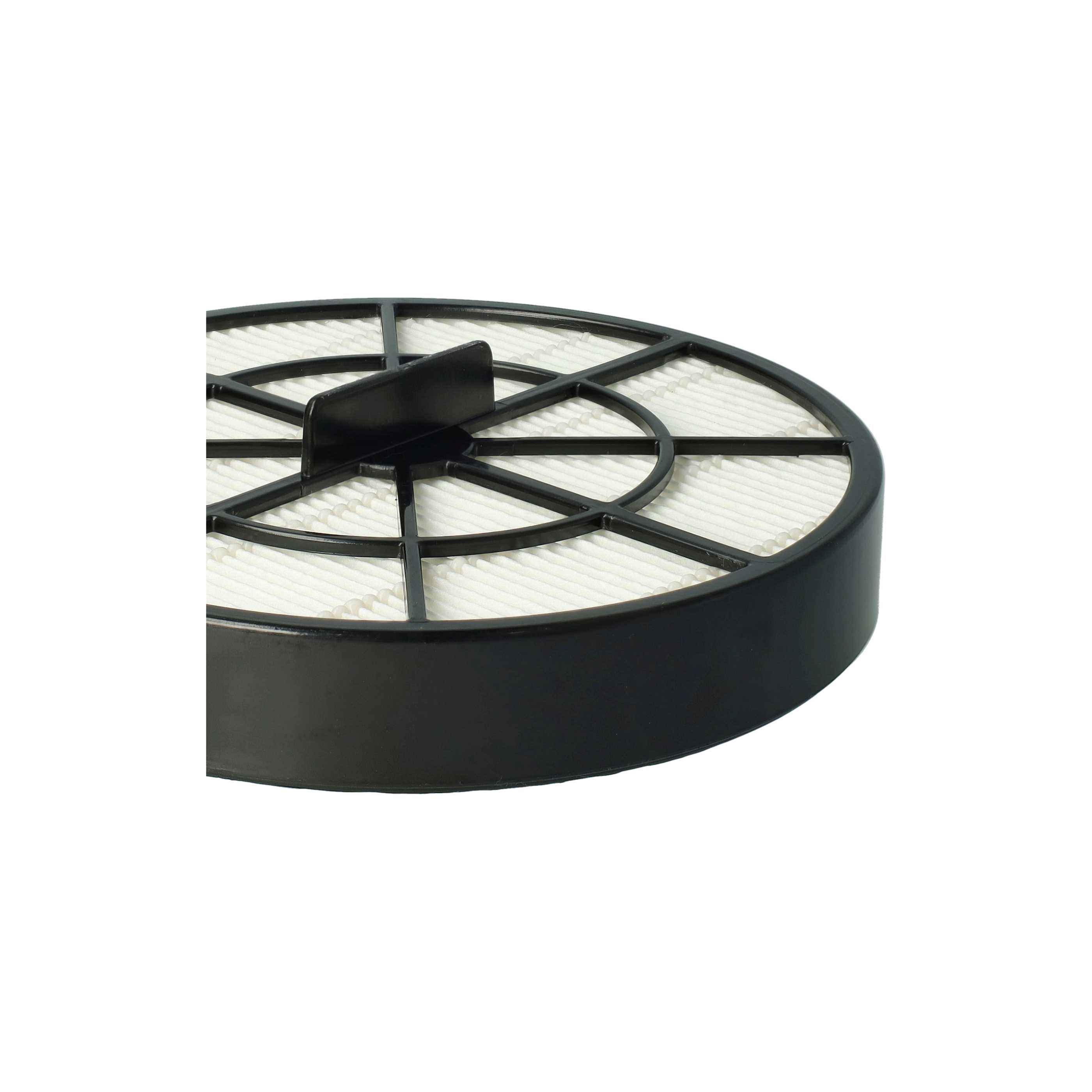 Nahaufnahme eines schwarzen Staubsaugerfilters. Der Filter ist rund, mit weißem Filtermaterial und einem schwarzen Rahmen.