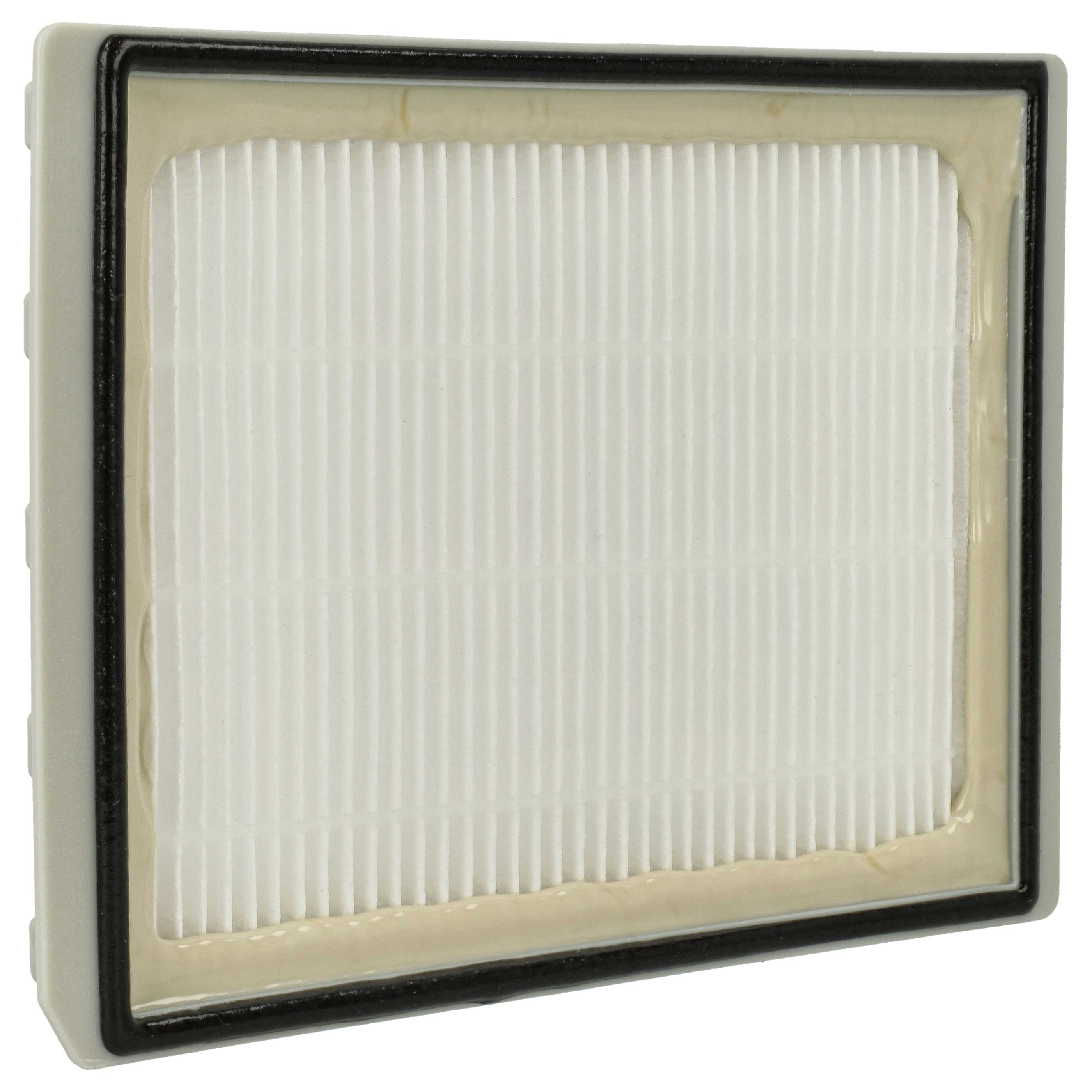 Ein weißer Luftfilter mit vertikalen Rippen, umrahmt in Schwarz und Grau. Der Filter ist rechteckig.