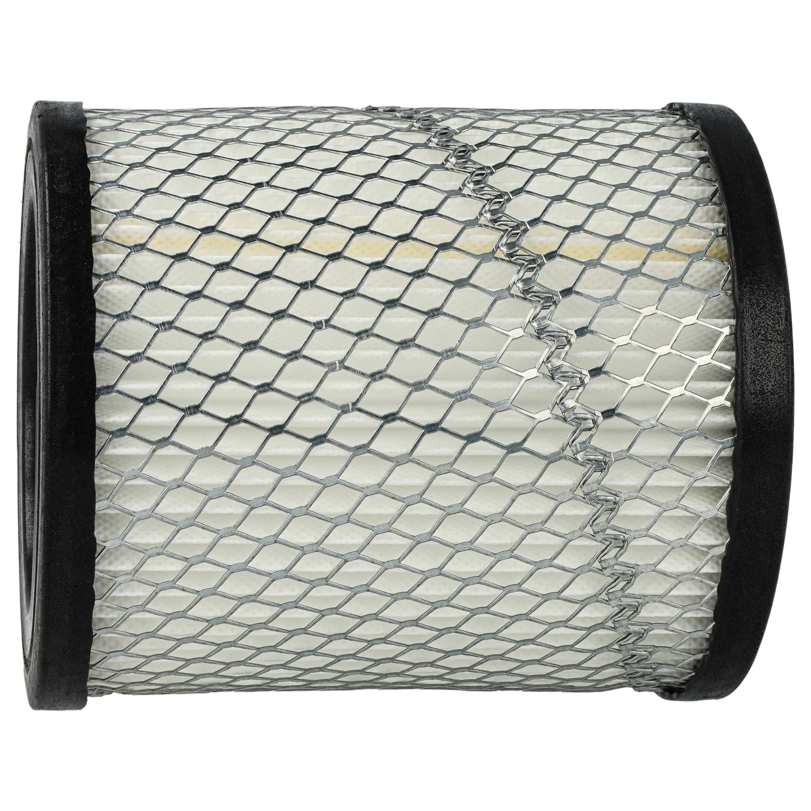Ein Luftfilter mit Metallgitter außen, schwarzen Rändern und weißem Filtermaterial innen.