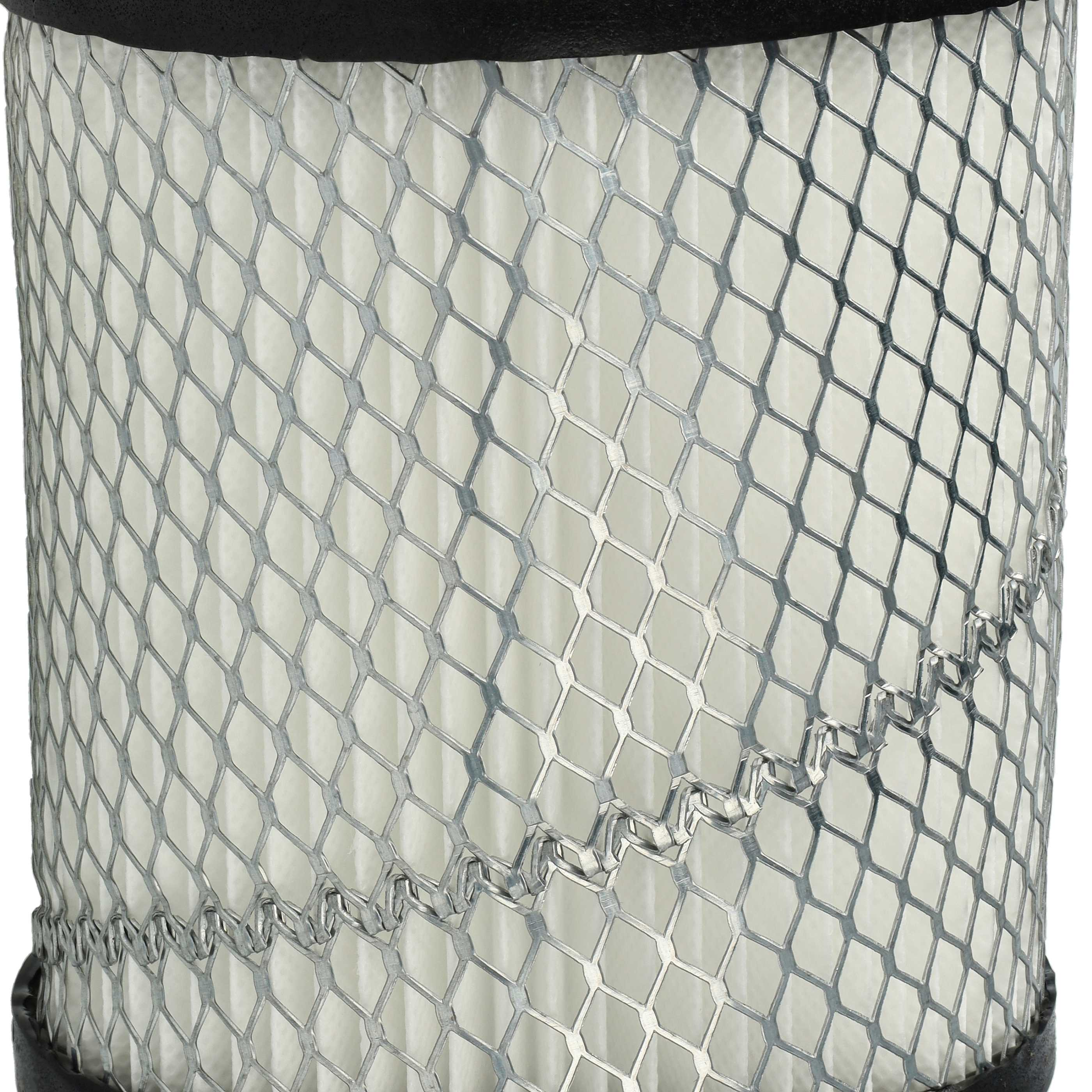 Ein Luftfilter mit Metallgitter, schwarzem Schaumstoff und weißem Papier. Das Gitter ist rautenförmig. Der Schaumstoff befindet sich oben.