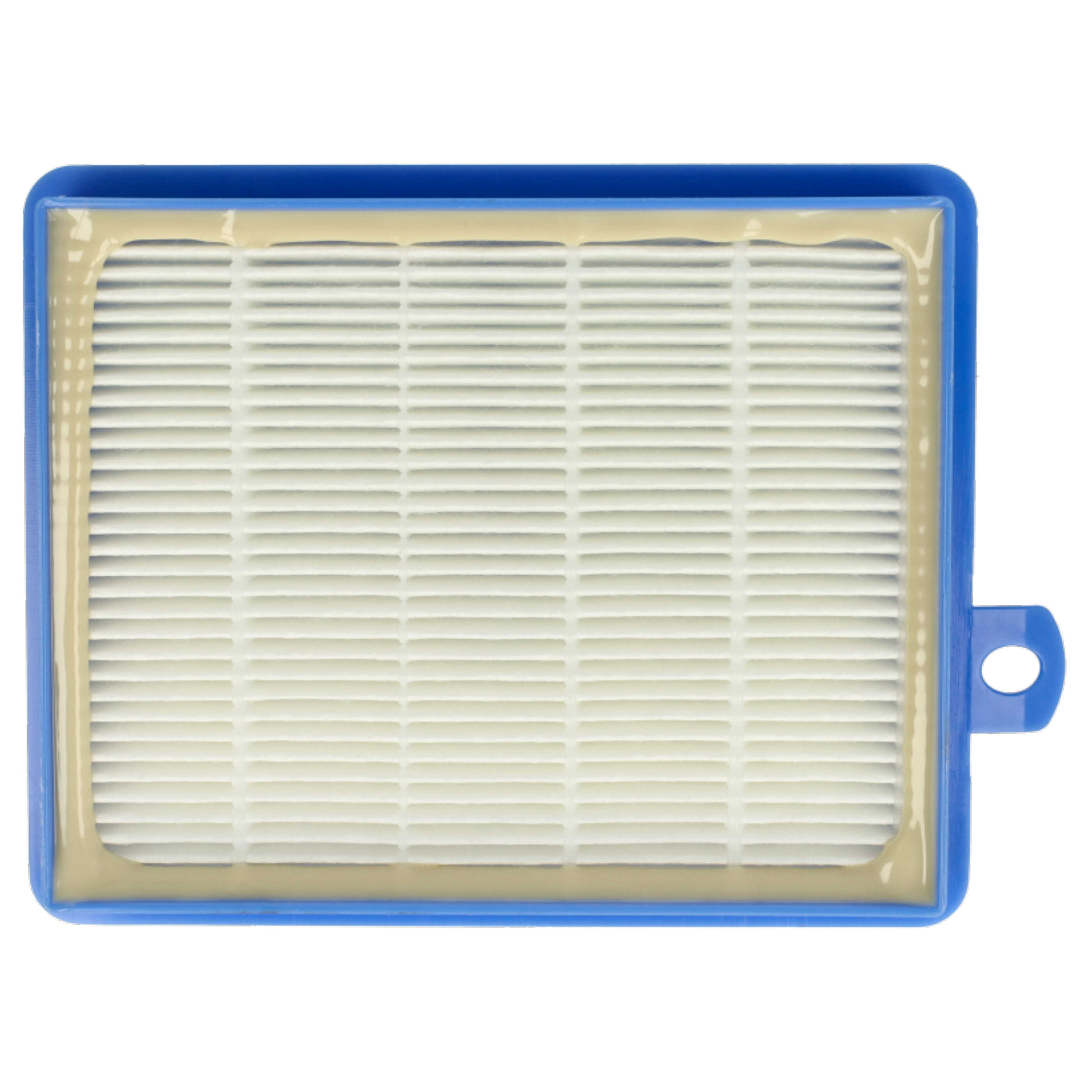 Ein rechteckiger Luftfilter mit blauem Rahmen und weißem Filter. Ein beiger Rand umgibt das Filtermaterial.