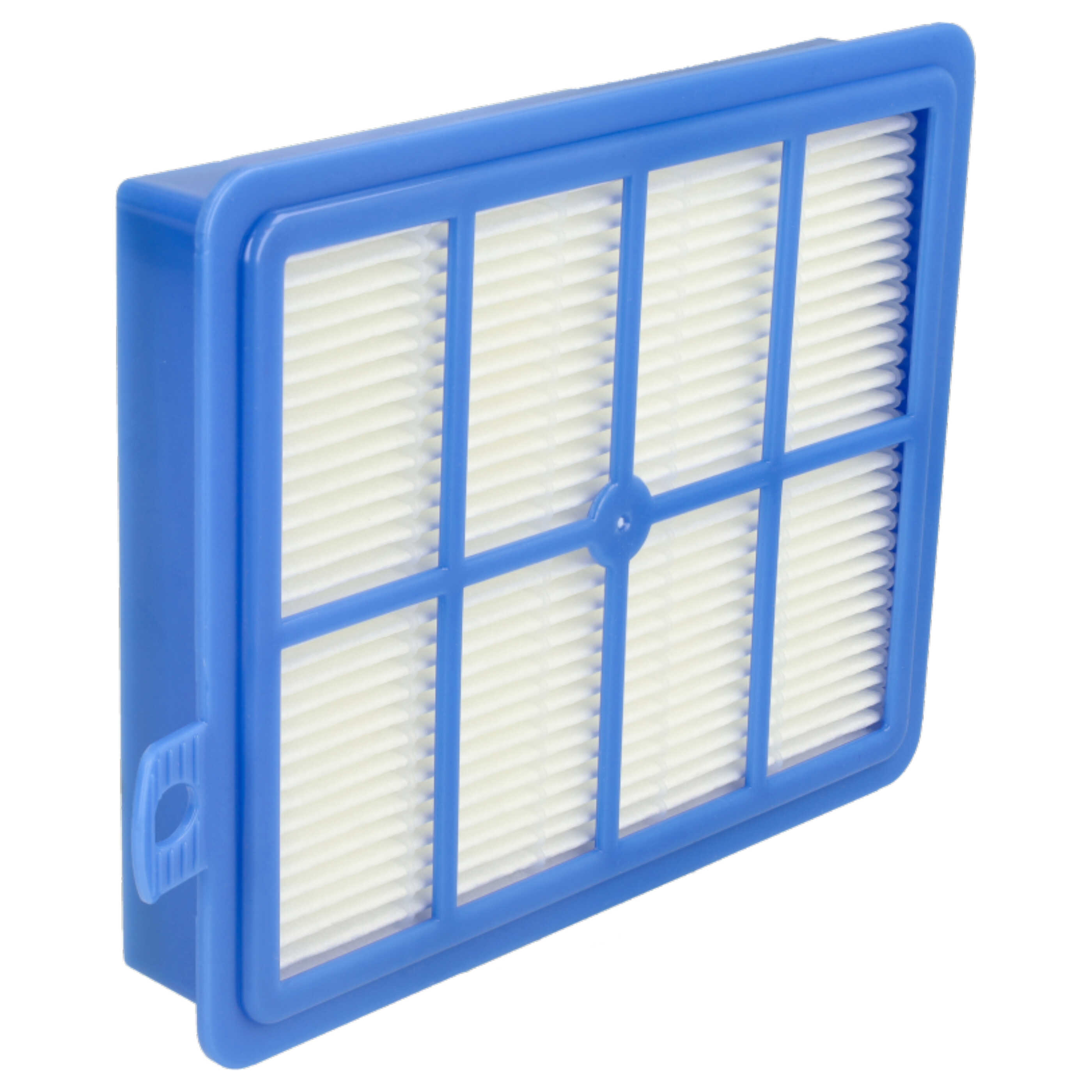 Ein blauer Luftfilter mit einem weißen, plissierten Filter im Inneren. Er ist rechteckig mit einem Griff an der Seite.