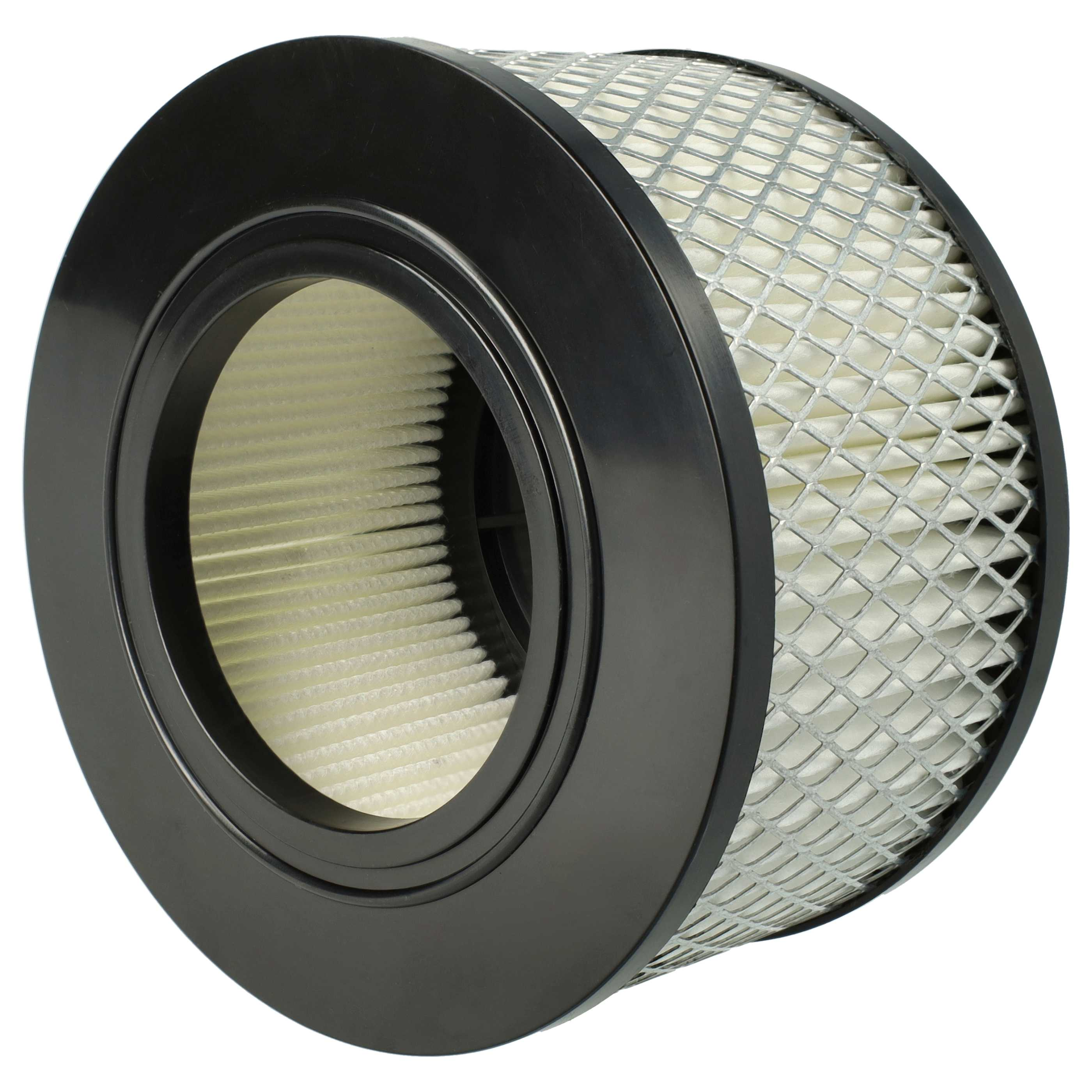 Ein Luftfilter mit schwarzem Rahmen, Metallgitter und gefaltetem Filterkern. Er liegt vor einem weißen Hintergrund.
