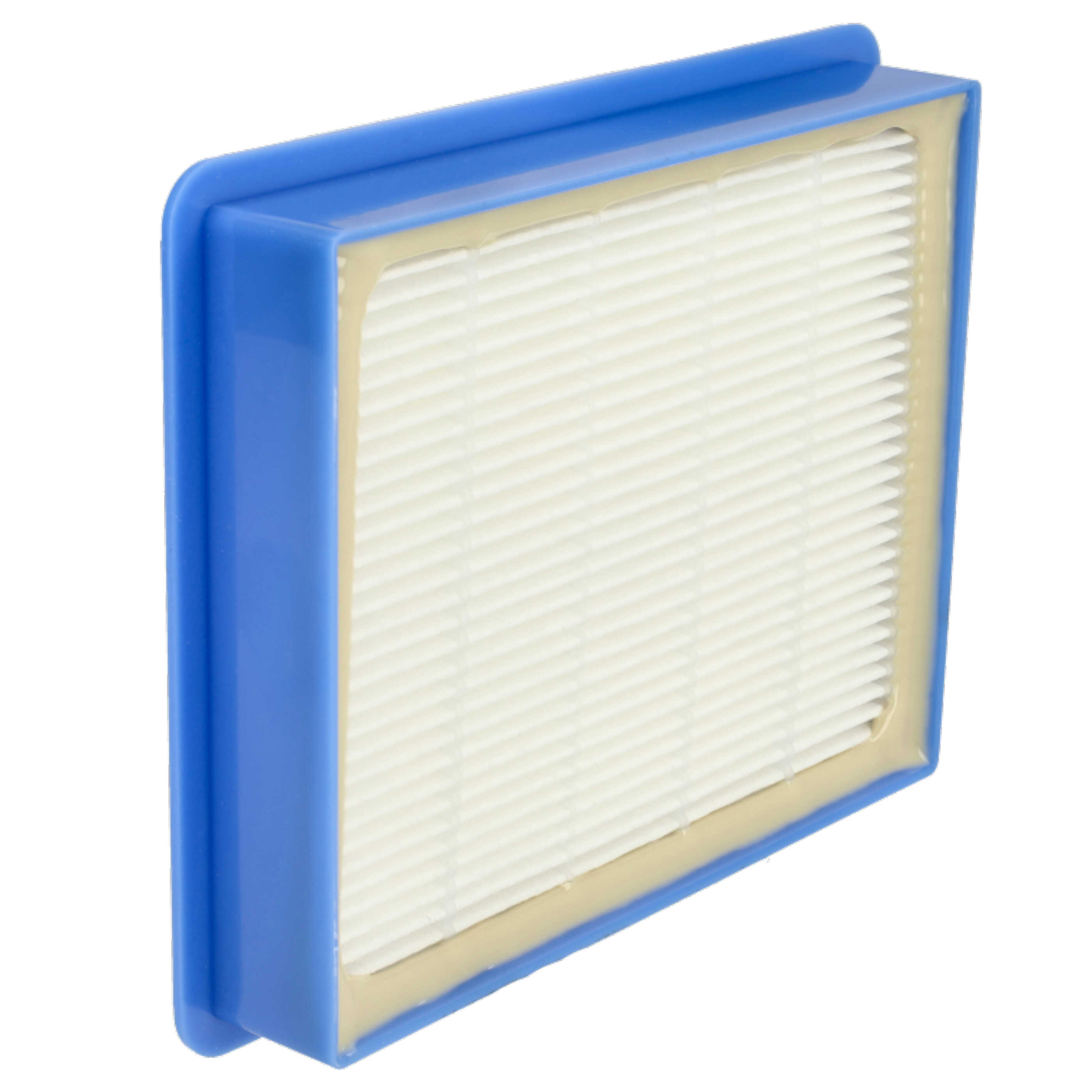 Ein rechteckiger Luftfilter mit blauem Rahmen und weißem Filtermaterial. Der Filter ist angewinkelt.