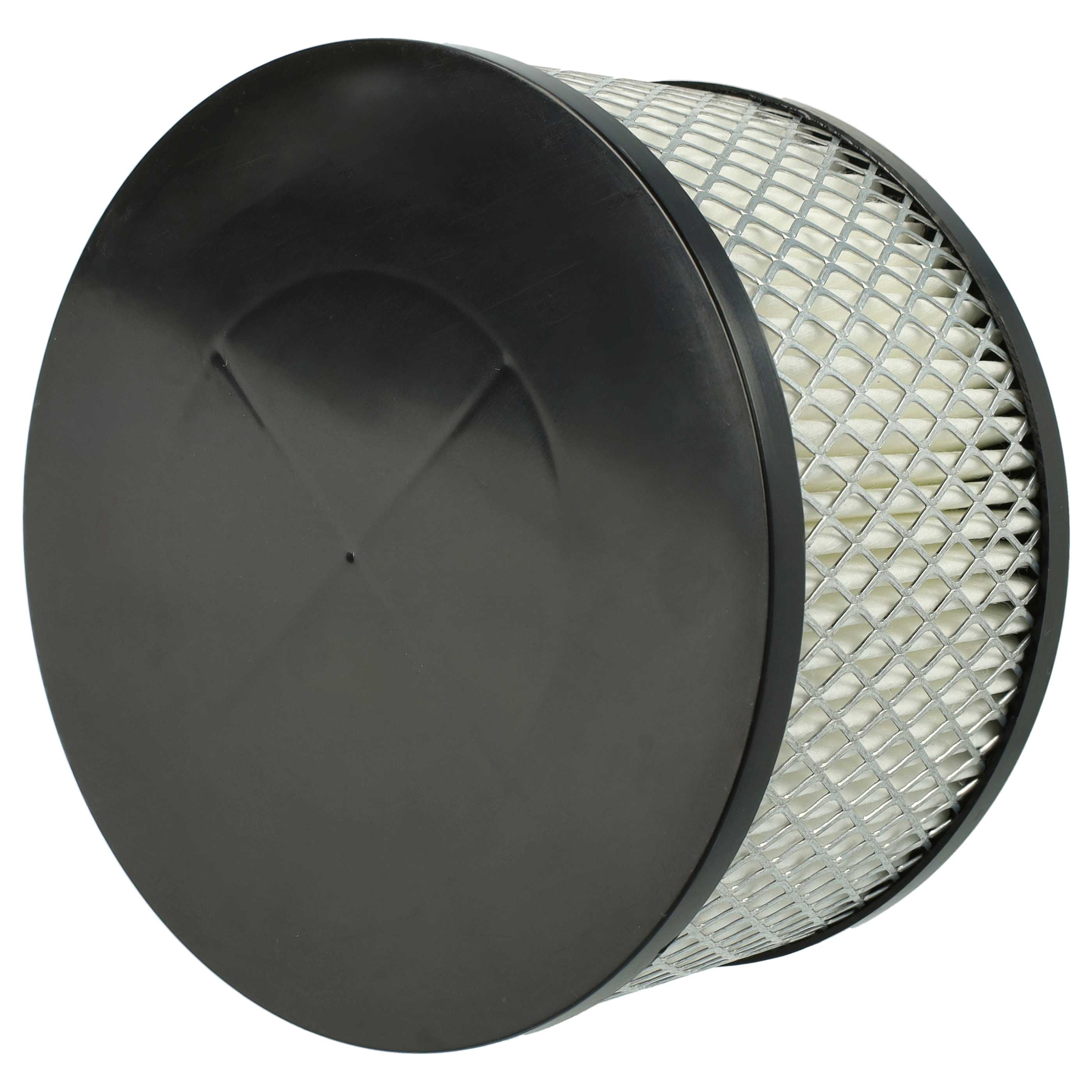 Ein runder Luftfilter. Die Oberseite ist schwarz und fest. Die Seite ist ein Metallgitter, das das Filtermaterial zeigt.