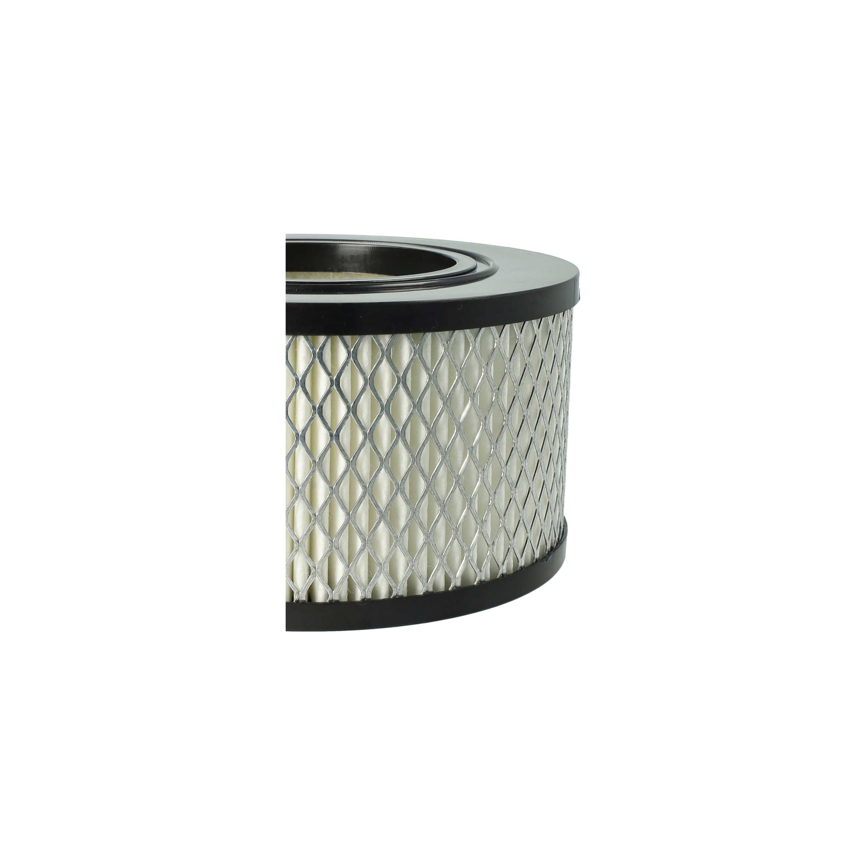 Ein Luftfilter, zylindrische Form, Metallgitter außen, schwarze Ränder und weißes Filtermaterial.