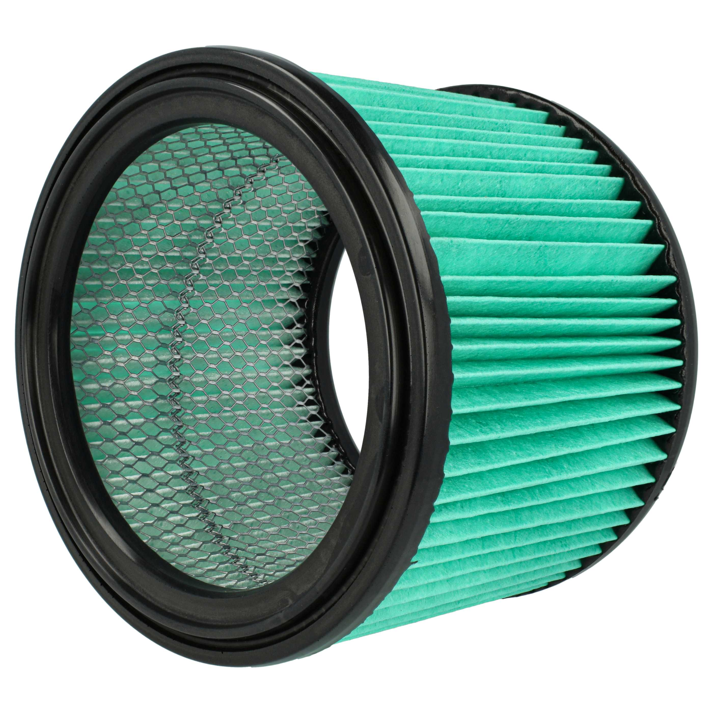 Ein Luftfilter mit grünem, plissiertem Filterelement und schwarzem Rahmen. In der Mitte ist ein Metallgitter sichtbar.