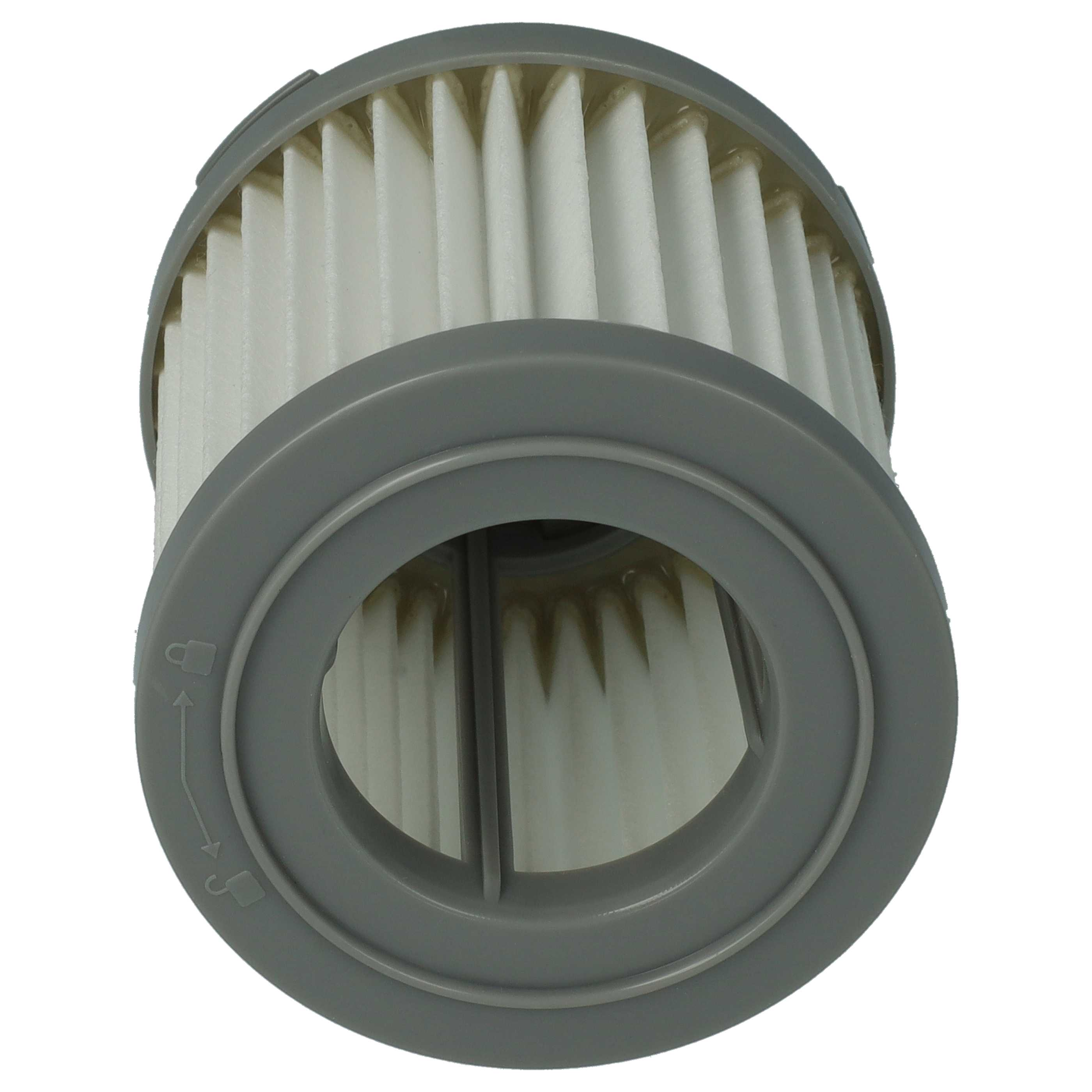 Ein zylindrischer Staubsaugerfilter. Er ist weiß mit einem grauen Rahmen und hat eine Öffnung in der Mitte.