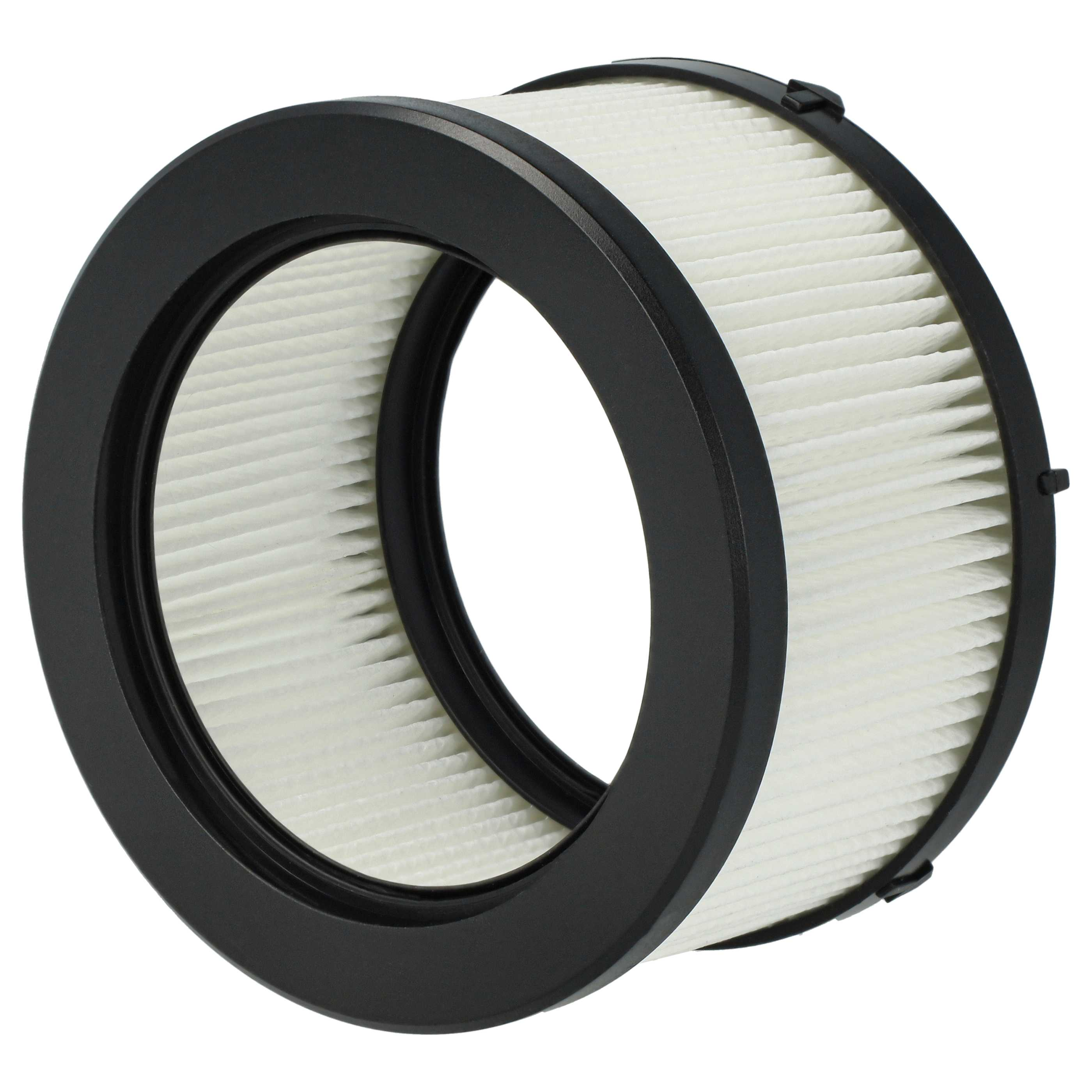 Ein zylindrischer Luftfilter. Er hat ein weißes, plissiertes Filterelement, umgeben von einem schwarzen Rahmen.