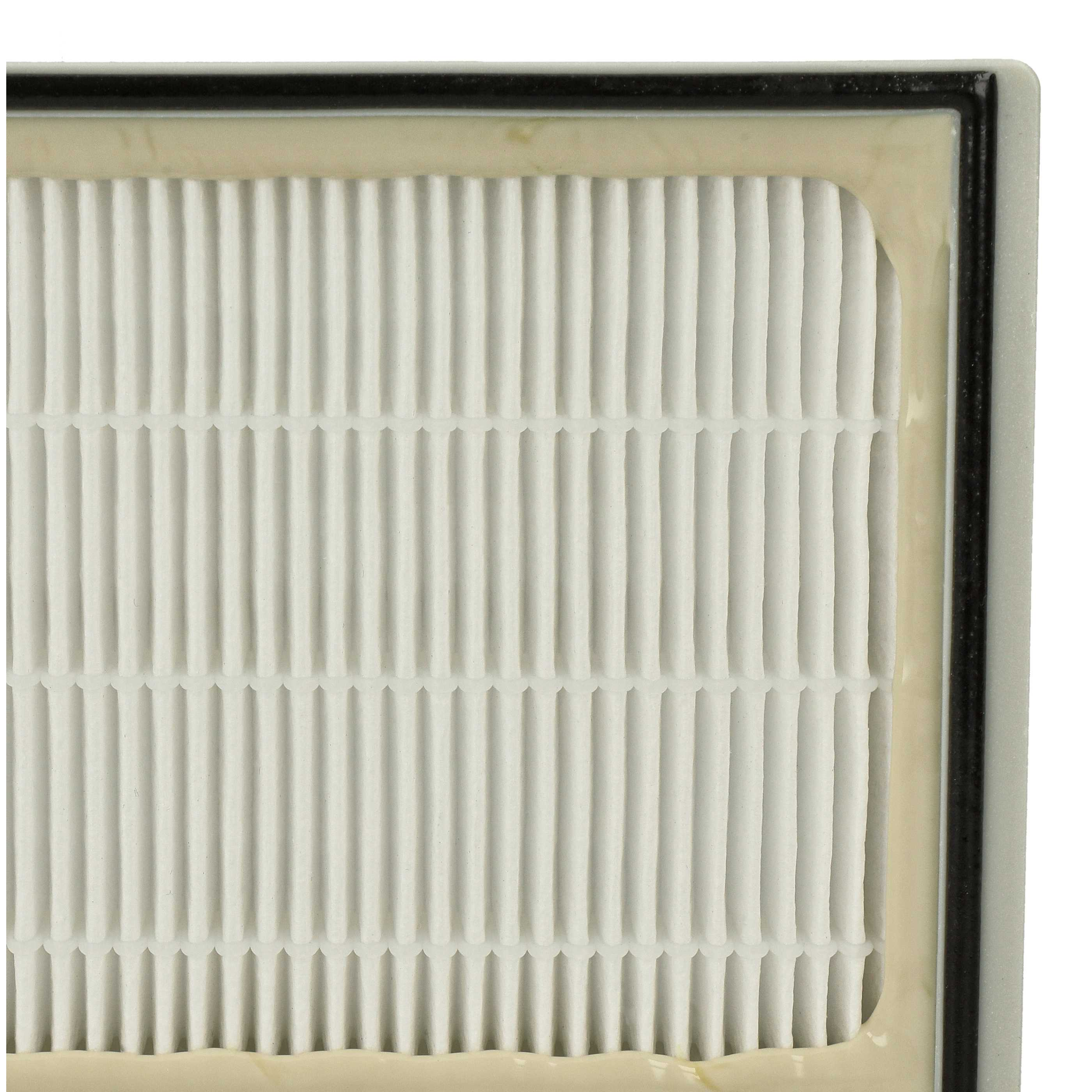 Nahaufnahme eines Luftfilters mit vertikalem, gewelltem weißen Material in einem rechteckigen Rahmen mit schwarzen und cremefarbenen Rändern.