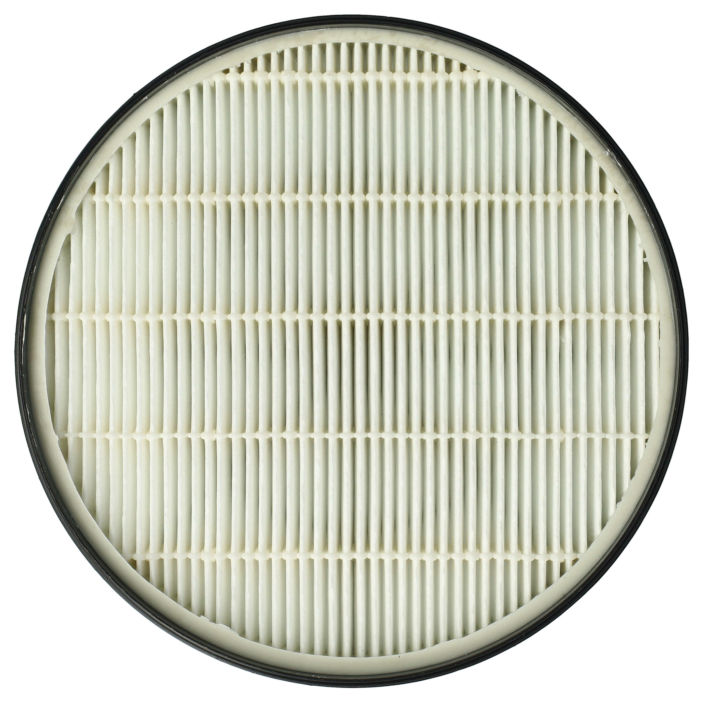 Runder Luftfilter mit weißem, plissiertem Filtermaterial in einem schwarz-weißen Rahmen.