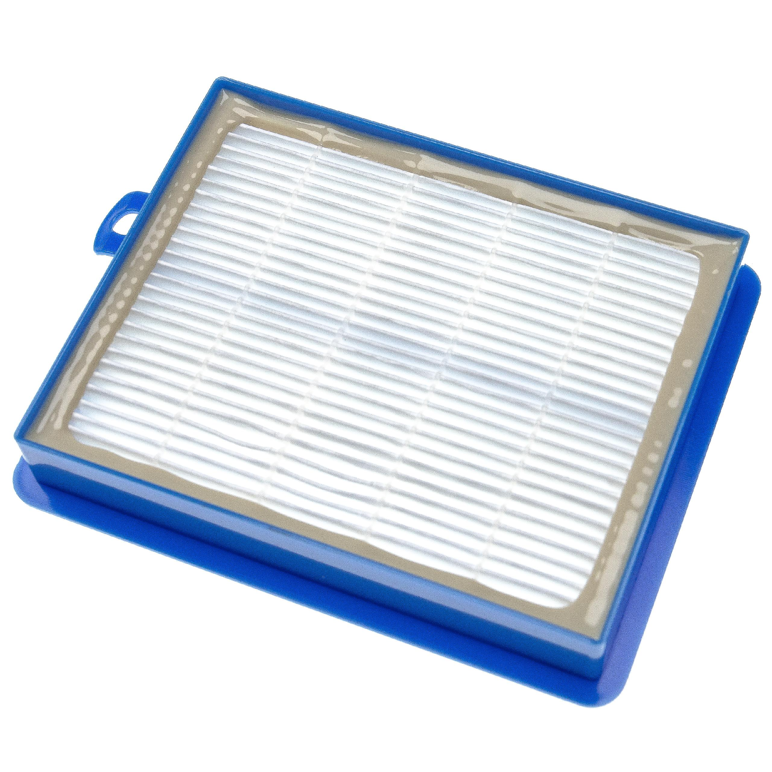 Rechteckiger Luftfilter, weißer Filter in einem blauen Kunststoffrahmen. Griff links.