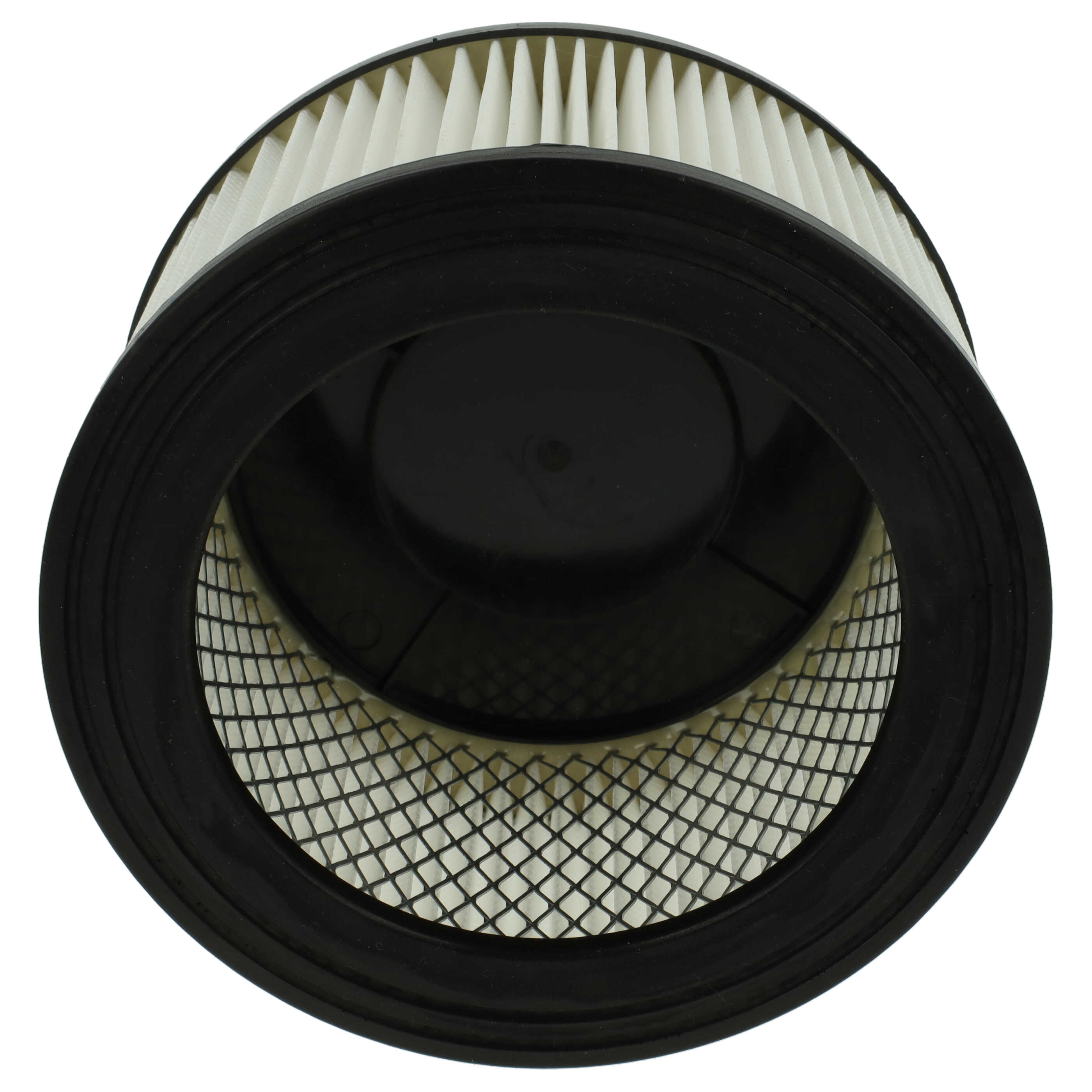 Ein Luftfilter mit einem weißen, plissierten Filter und einem schwarzen Rahmen. Der Filter ist rund mit einem Netz im Inneren.
