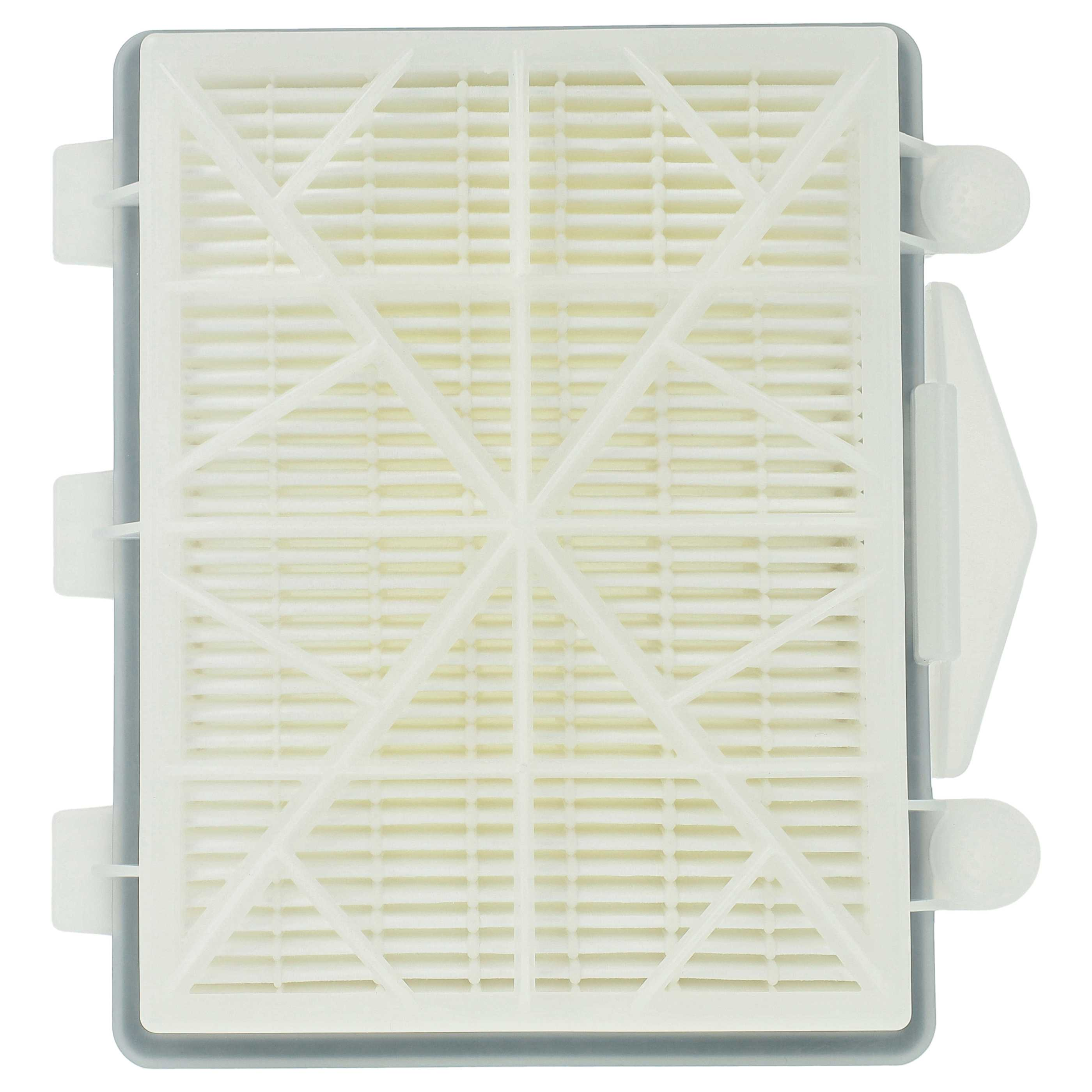 Ein weiß-grauer Staubsaugerfilter mit Gittermuster. Der Filter hat ein geometrisches Design mit Kunststoffstützen.