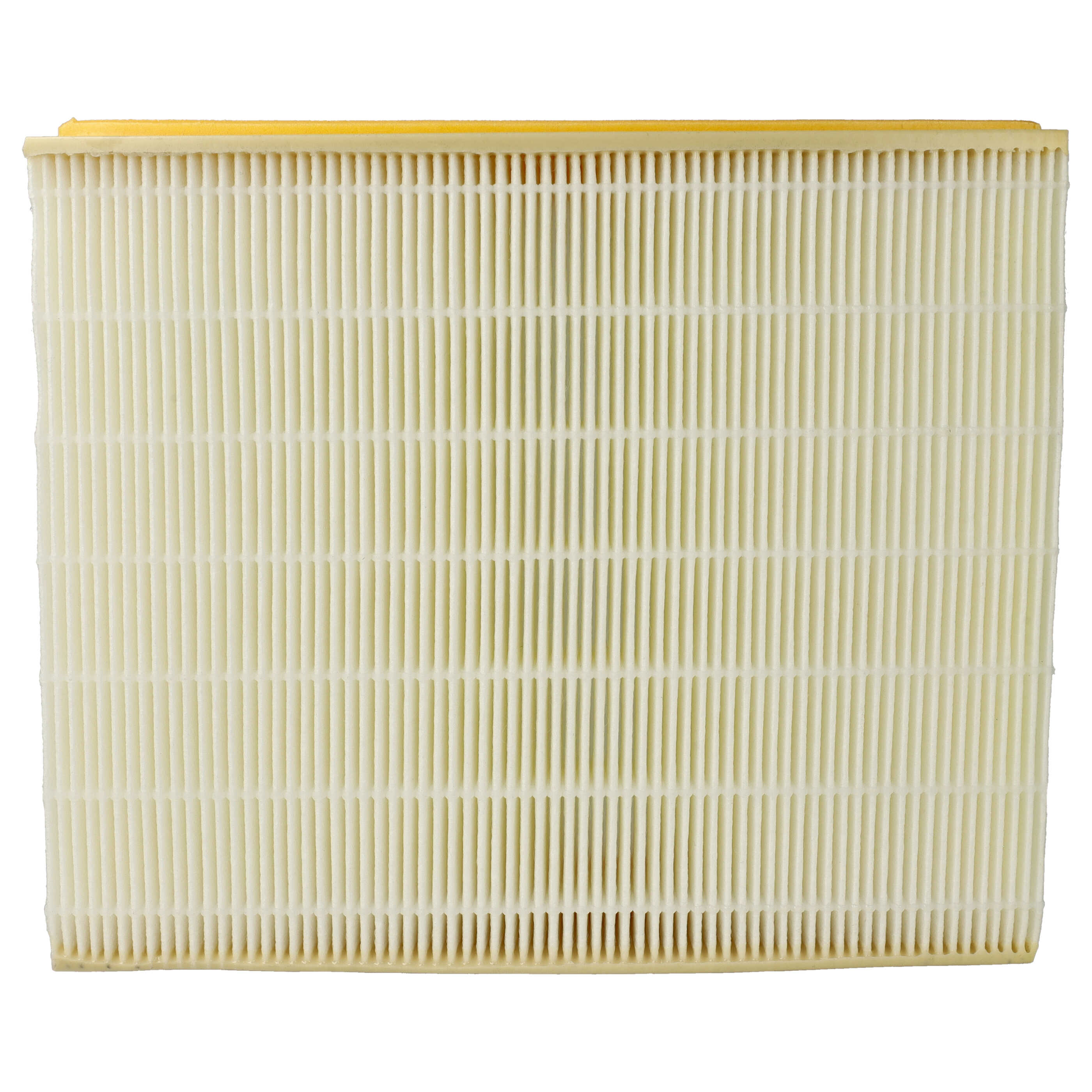 Ein rechteckiger Luftfilter mit vertikalen Rippen und einer gelben Oberkante. Beige Farbe.