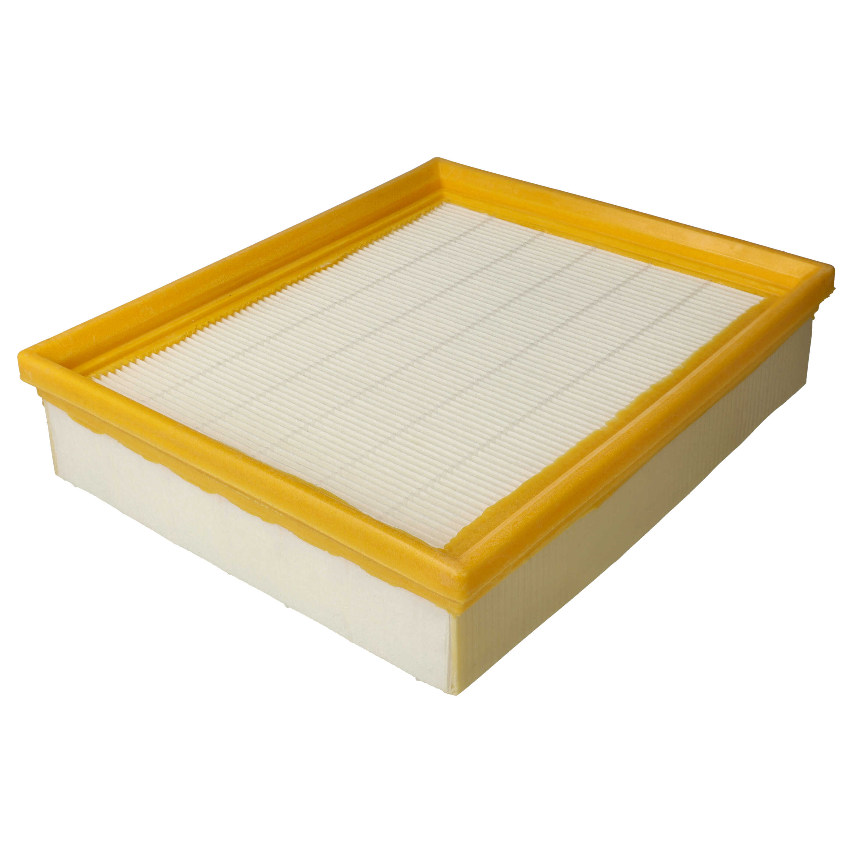Ein Luftfilter mit gelbem Rahmen und weißem Filtermaterial auf weißem Hintergrund.