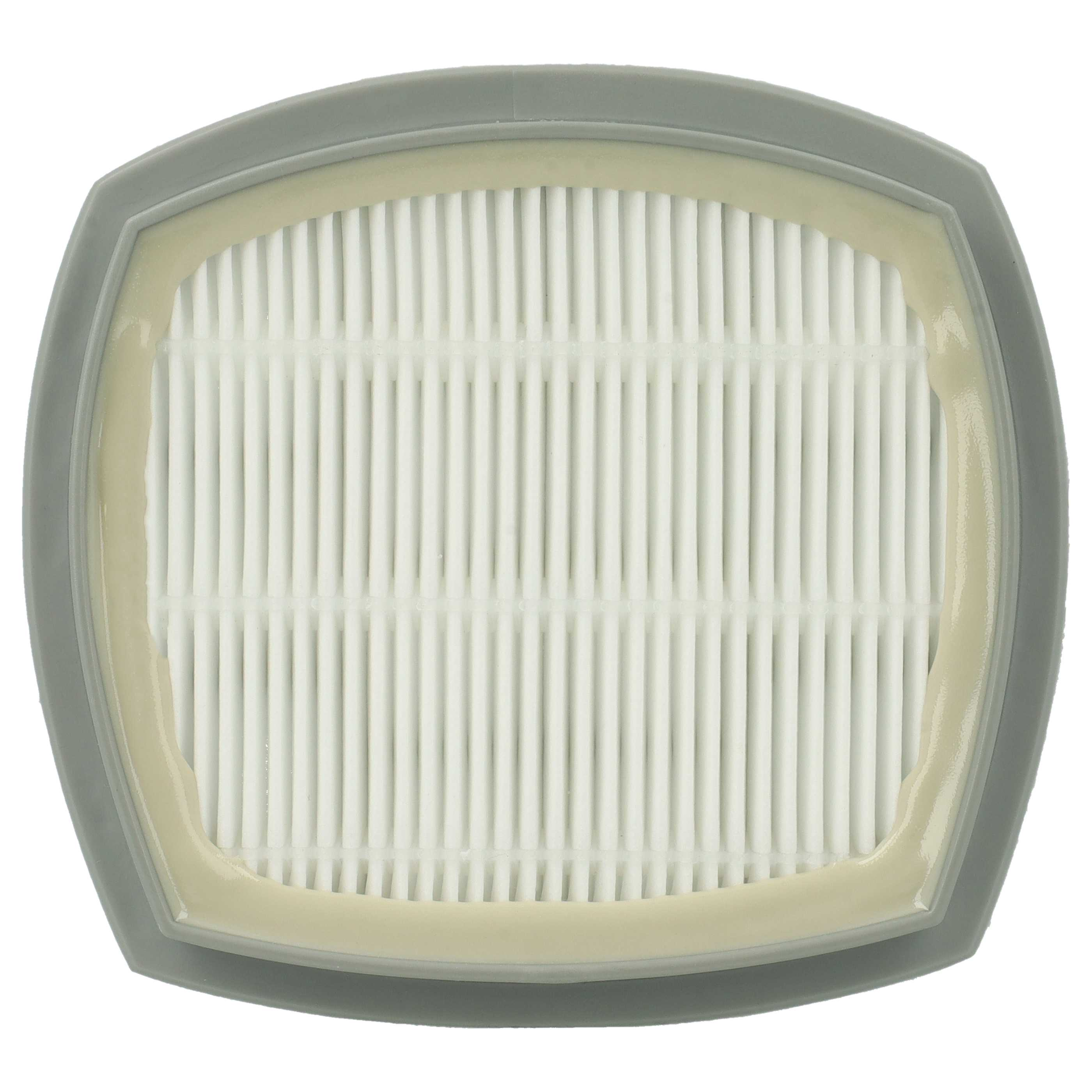 Ein rechteckiger Luftfilter mit grauem Rahmen und weißem Filtermaterial. Eine beige Dichtung umgibt den Filter.