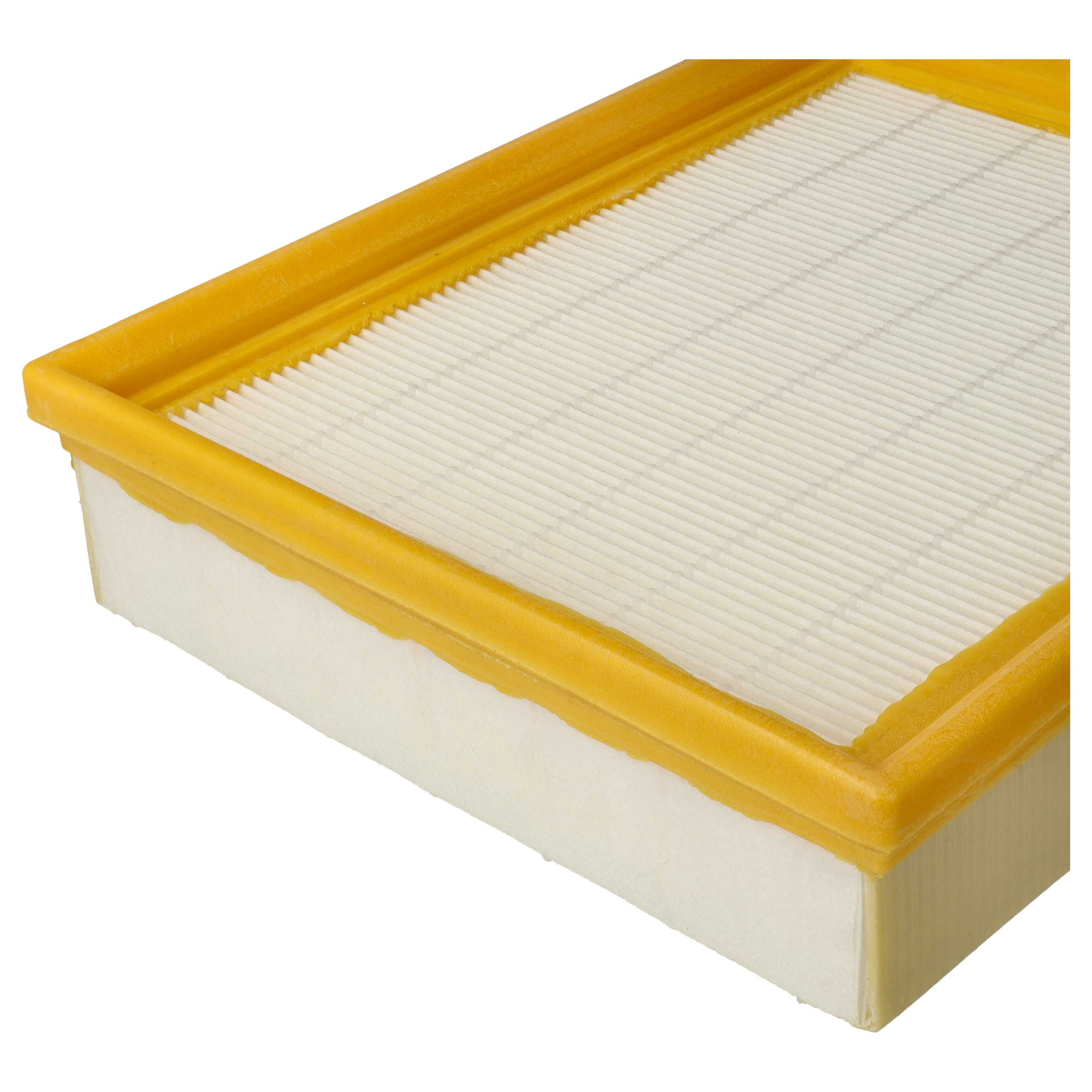 Ein Luftfilter mit weißem Filterpapier und einem gelben Kunststoffrahmen. Der Filter ist rechteckig.