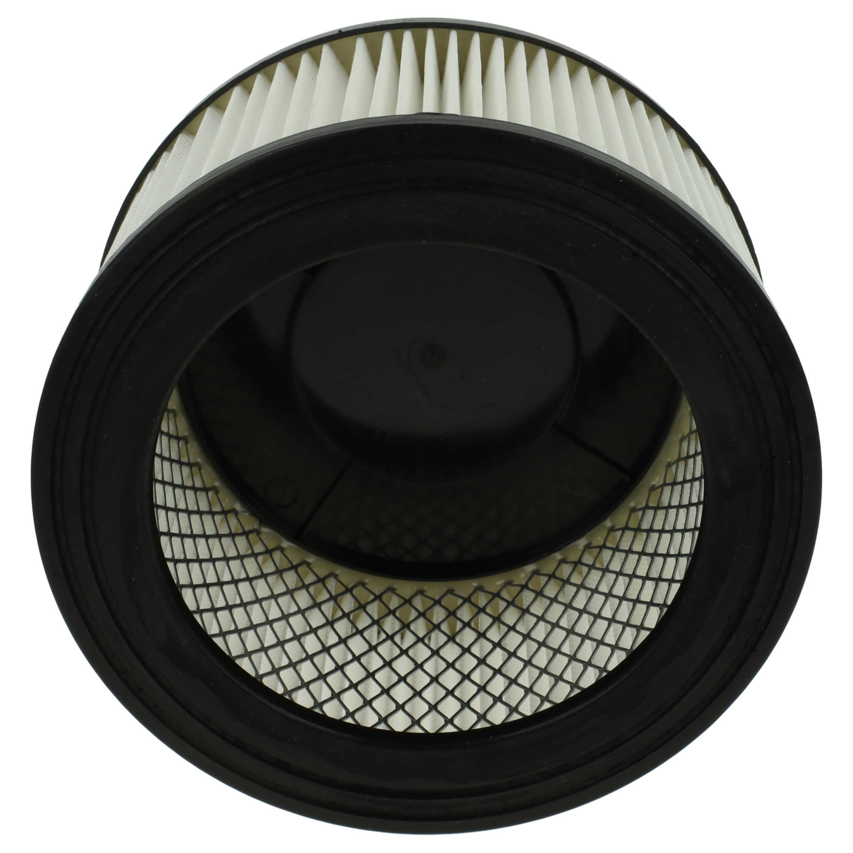 Ein Luftfilter, von oben gesehen. Es hat einen schwarzen Rahmen, einen weißen Filter und ein Metallgitter.